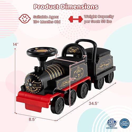 Miniatura 7 de Costzon Tren de paseo de 2 plazas con carruaje, juguete de 6 V con almacenamiento debajo del asiento, reposapiés, silbato de tren, música y luces