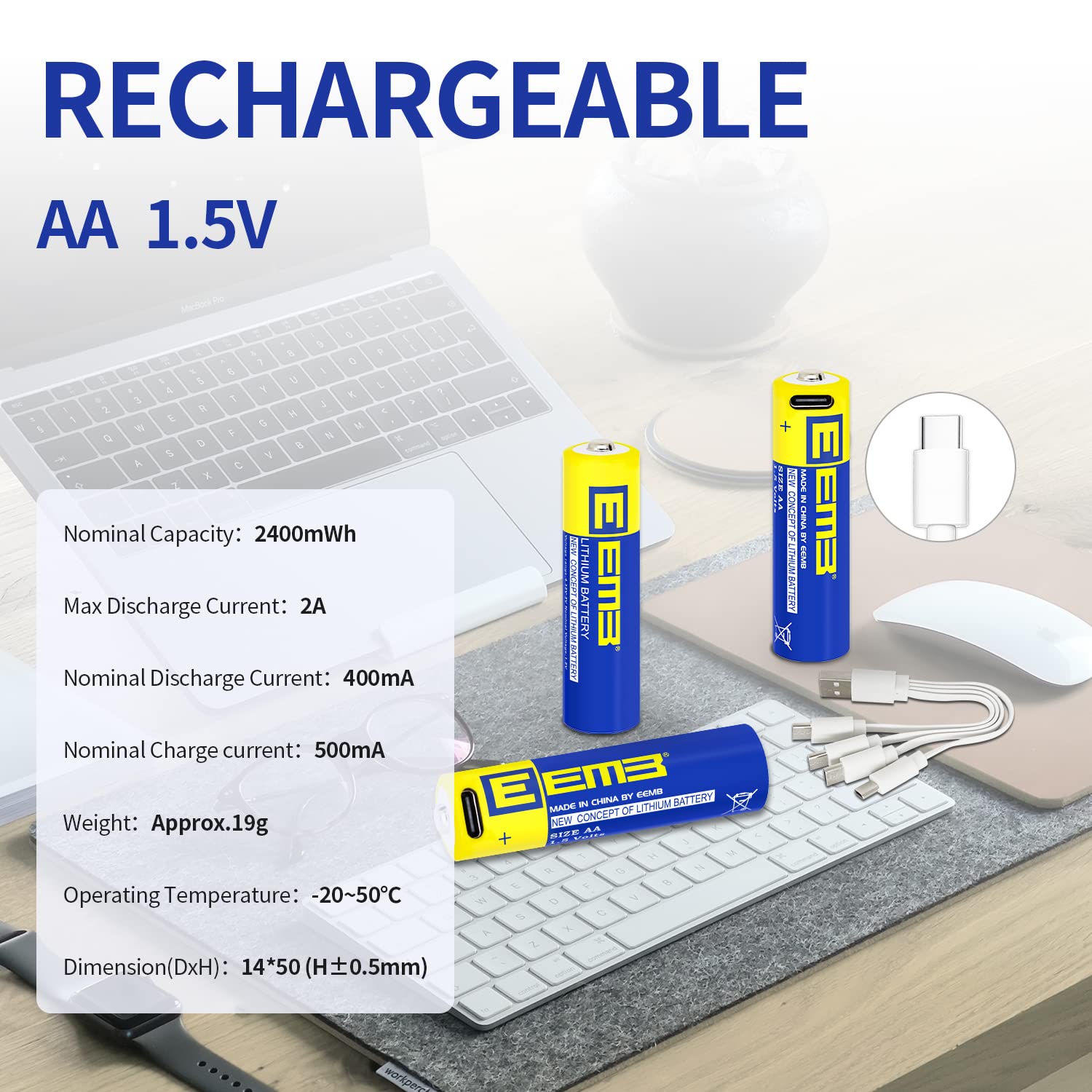 EEMB Piles AA Pack de 12 Piles AA Rechargeables Piles au Lithium AA USB Type C Câble de Recharge Batterie de Remplacement 1.5V 2600mWh pour Flash de Caméra Clignotant