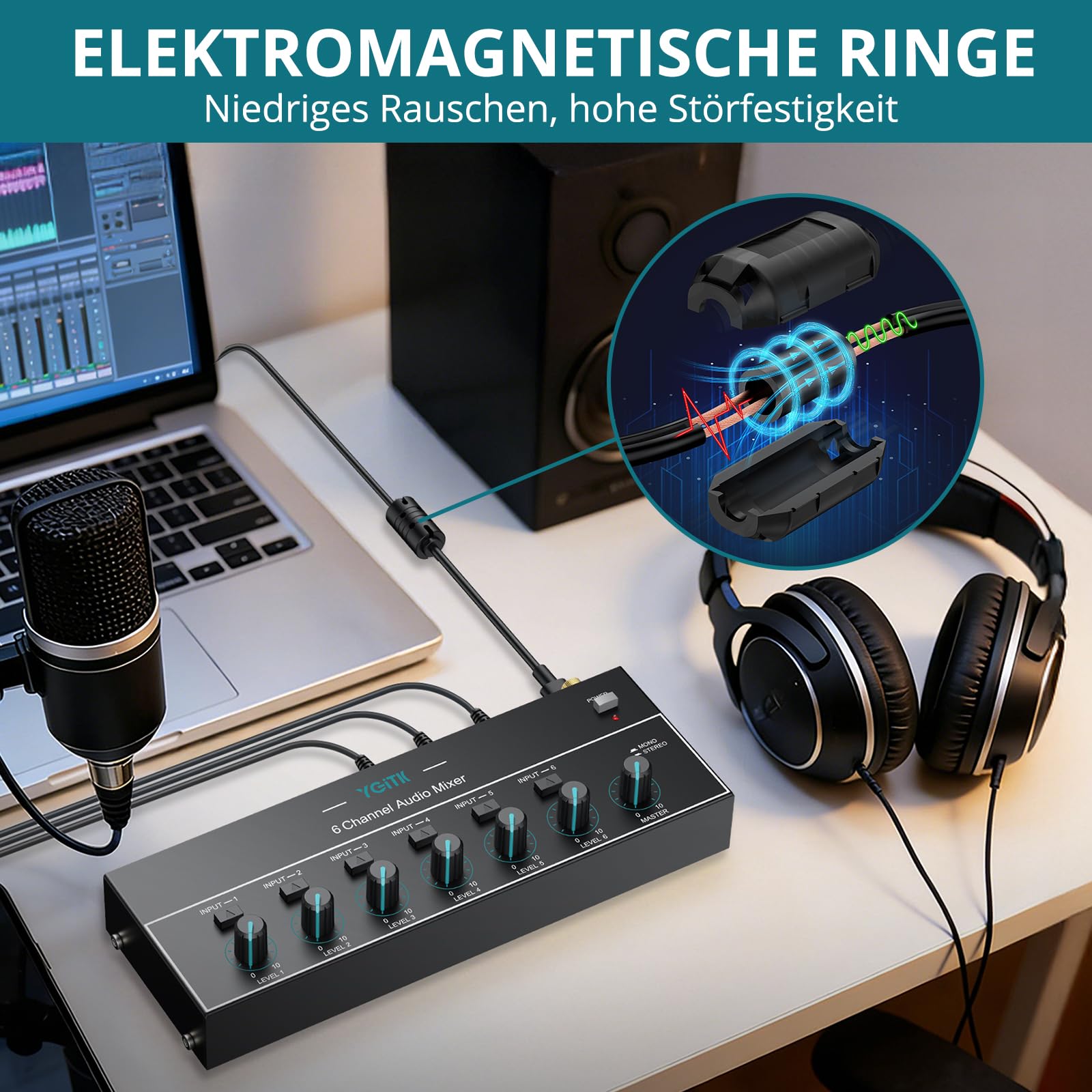 Audio Mixer 6 Kanal Stereo Audiomischer 6,35 mm+3,5 mm Mini-Audiomischer 6 Eingänge & 1 Ausgang, Type-C Aufladen, Ultra Niedrig Noise, mit Lautstärkeregelung