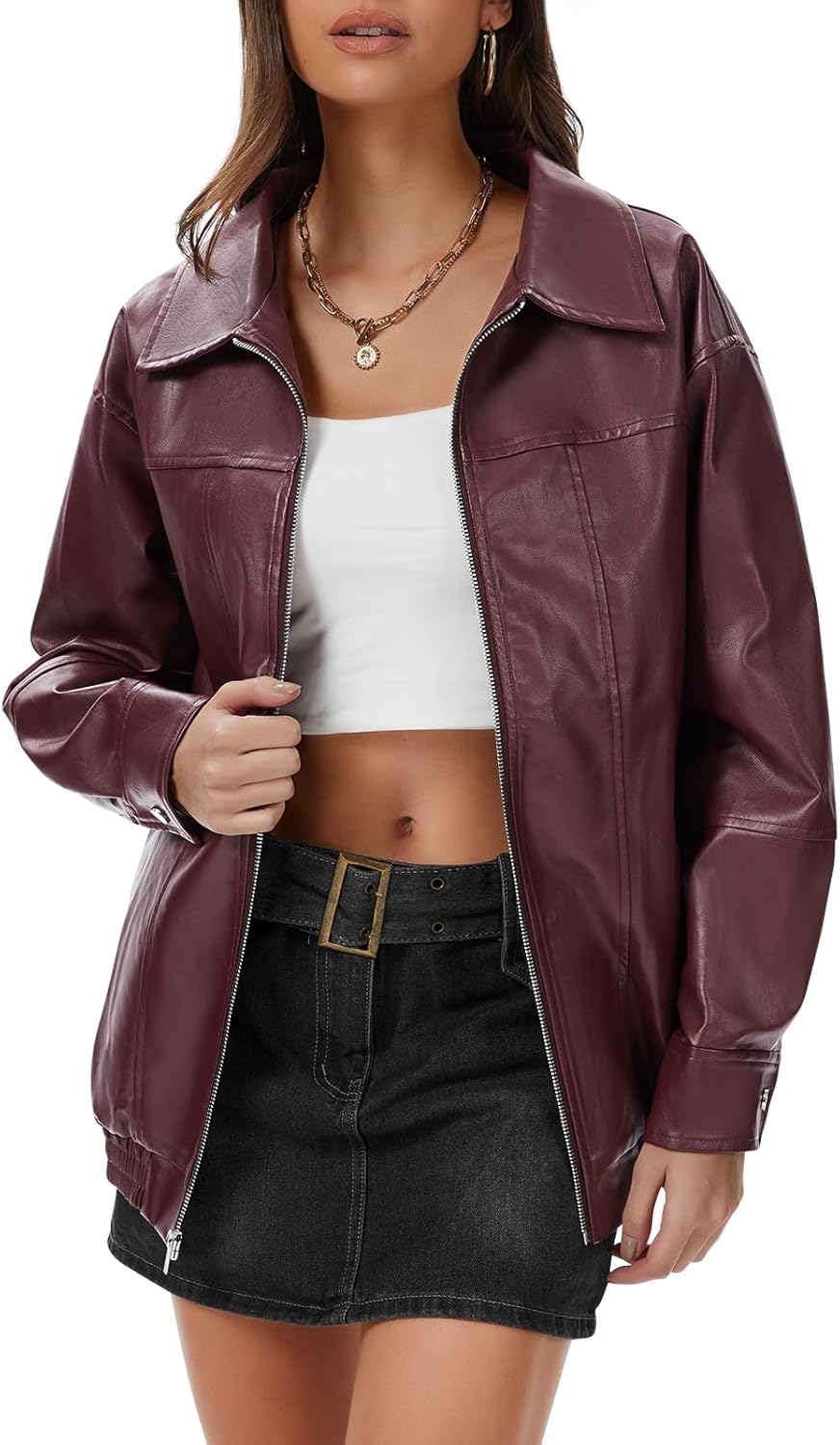 grewley Womens Faux Leather Jacket Motorcycle Bomber Jacket Coats Fall Spring Clothes Oversized Zip Up Winter Coat Outerwear - Image 2