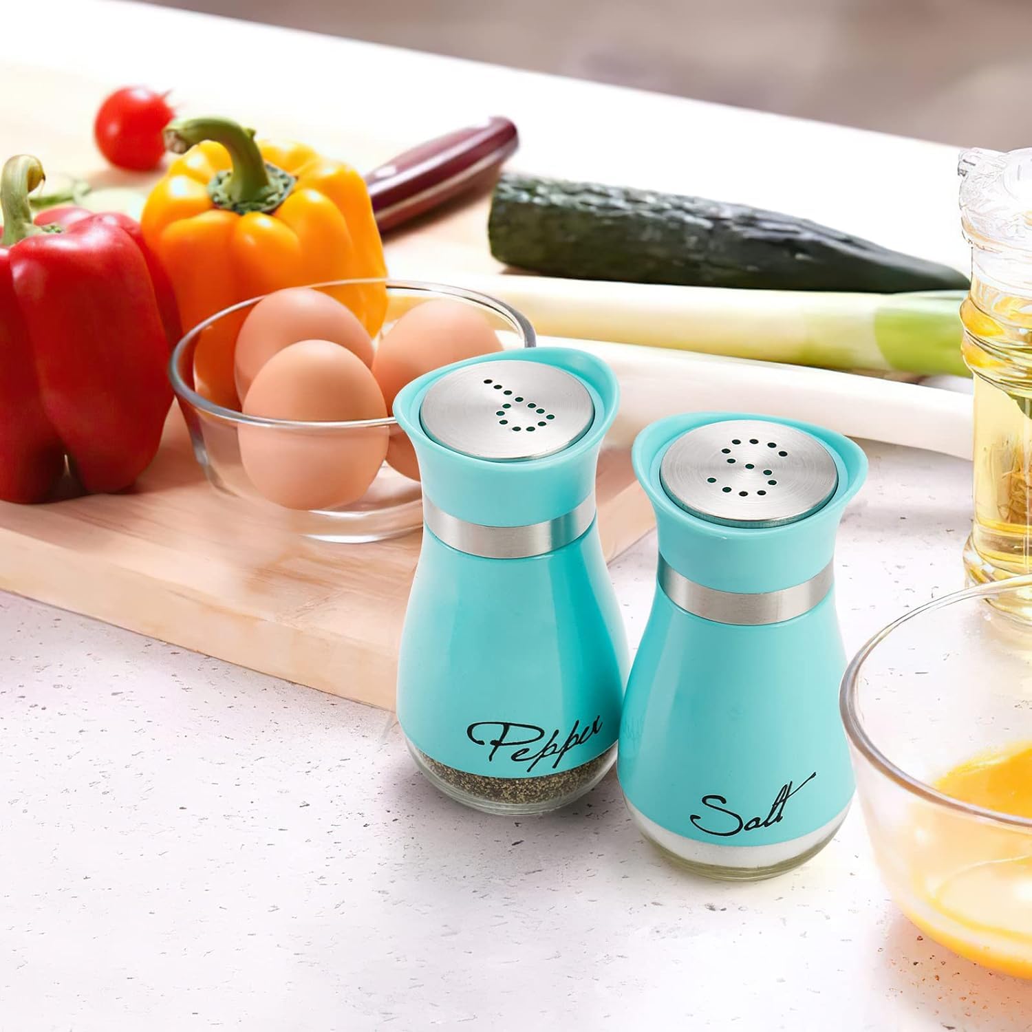 Tebery Saliera e pepiera in acciaio inox e vetro, 113,4 g, ricaricabile, design classico