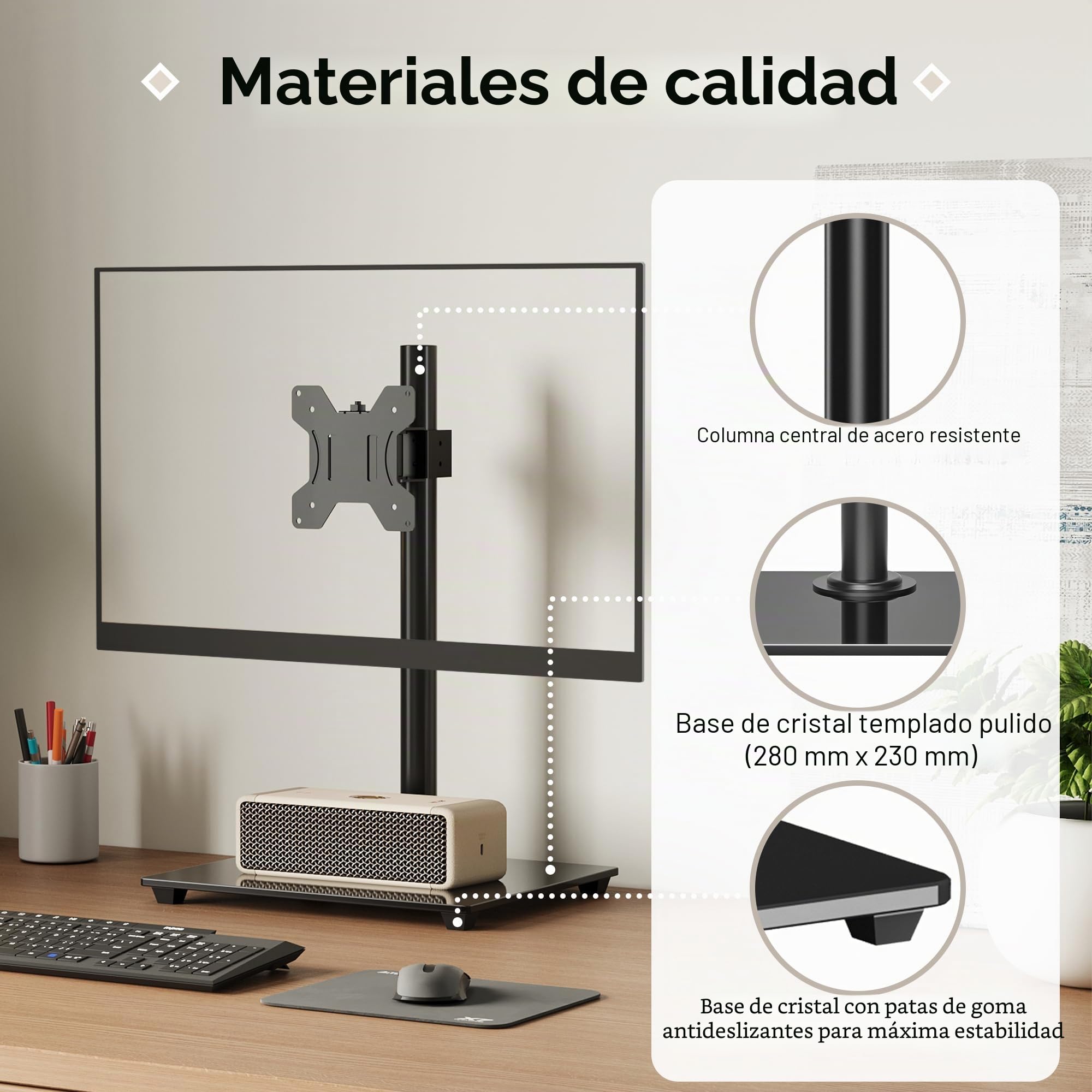BONTEC Soporte Monitor de Brazo Único para Pantalla de 13-32 ”, Soporte Monitor Escritorio con Giro e Inclinación, Altura Ajustable, hasta10 kg, VESA 75/100 mm, Base de Vidrio Templado, para Oficina