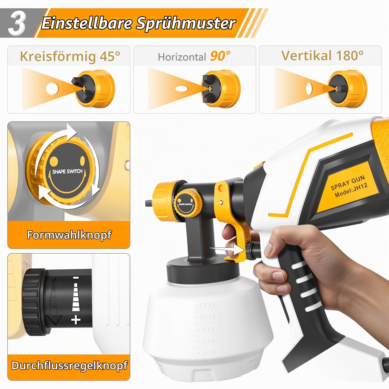 Farbsprühsystem, 600W HVLP Elektrische Spritzpistole mit 4 Düsen & 3 Sprühmuster,1200ML Behälter,Verstellbarem Farbfluss, Lackierpistole Elektrisch für Zäune, Schränke, Wände, Decken, Möbel