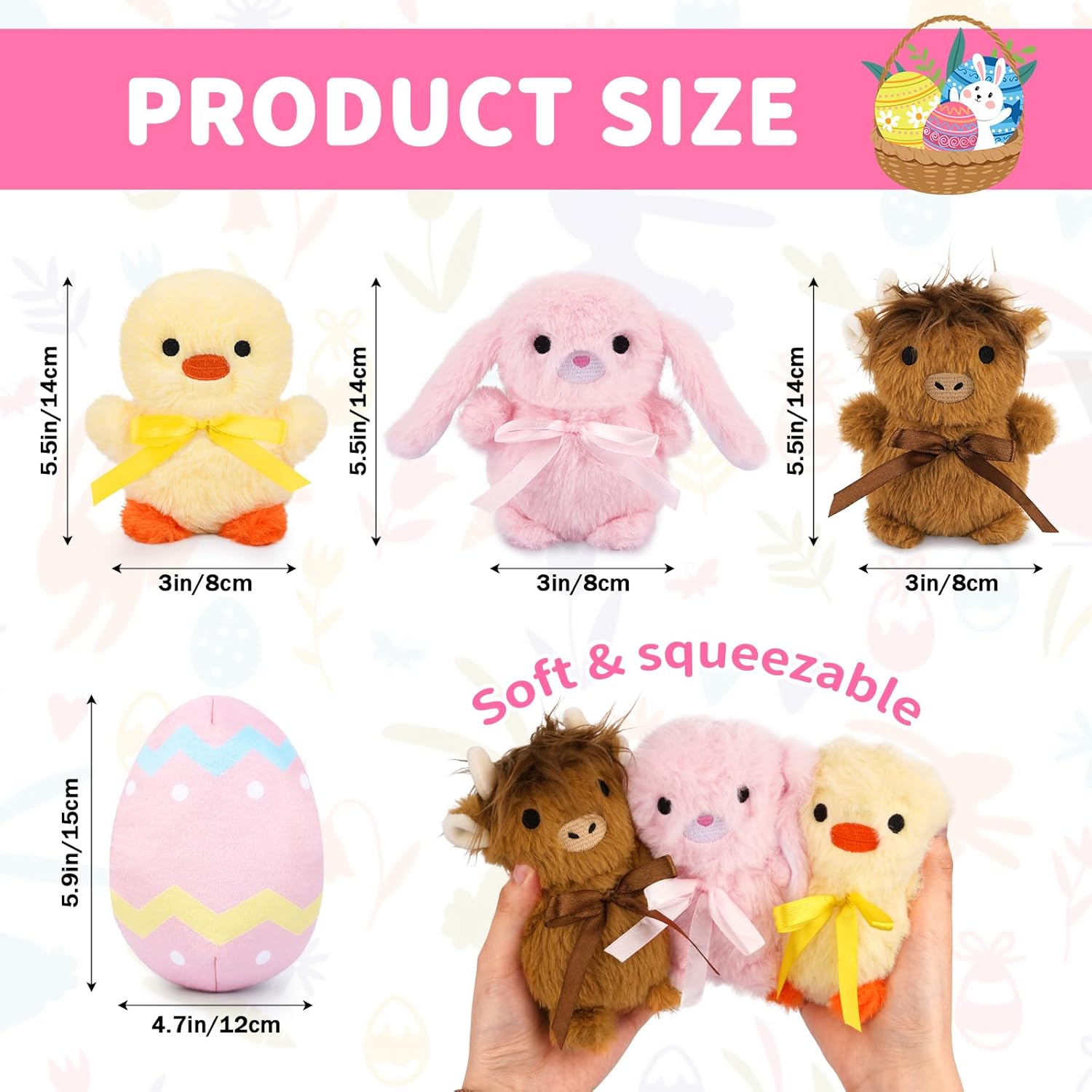 Easter Plush, 3pcs Easter Egg with Bunny Chicken Highland Cow Plushies, 4inch Cute Easter Stuffed Animal Gift Basket Essentials for Kids, Toddlers, Basket Stuffer & Party Favor