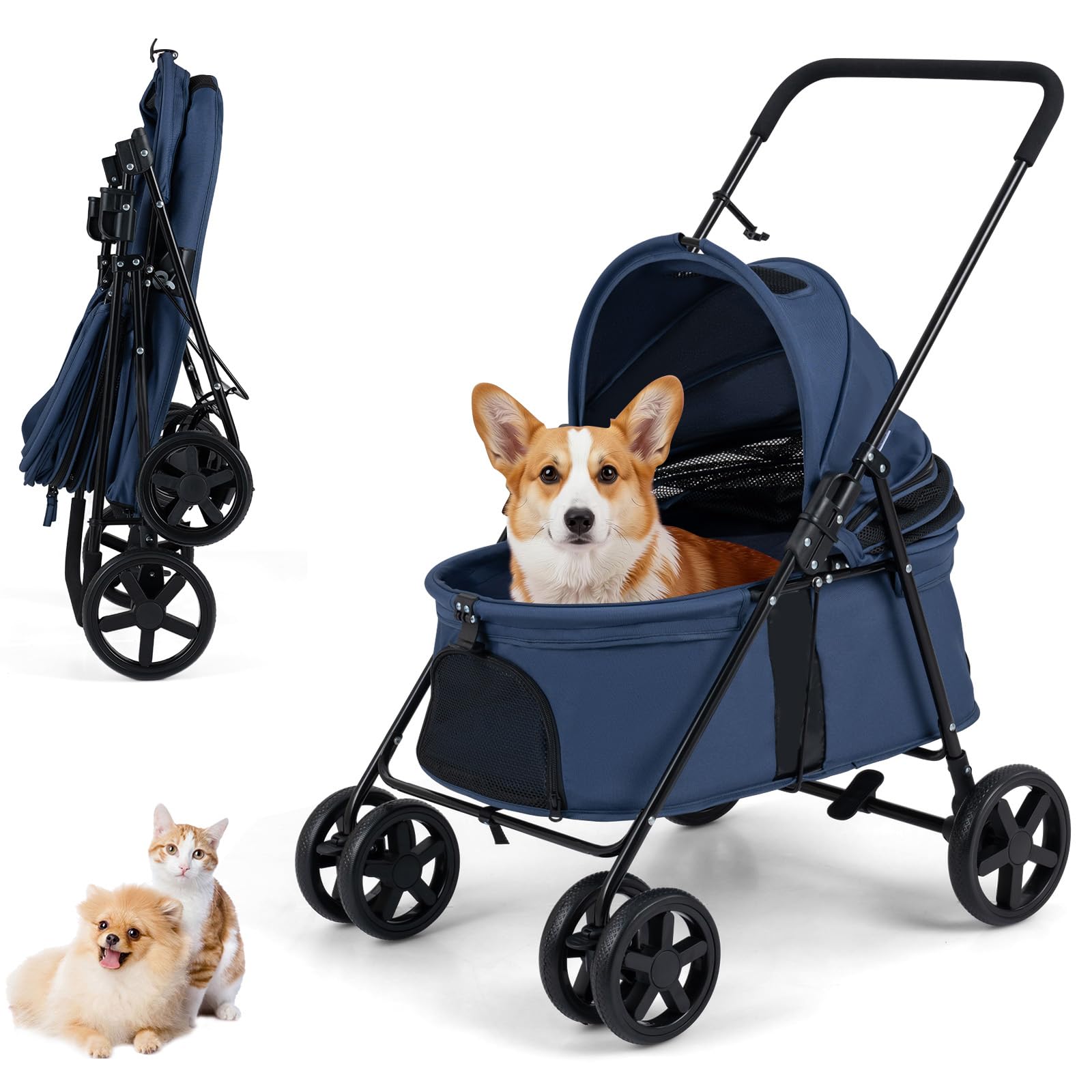 COSTWAY Pet Stroller, Foldable Dog Pushchair with 360°Swivel Wheels (Navy)