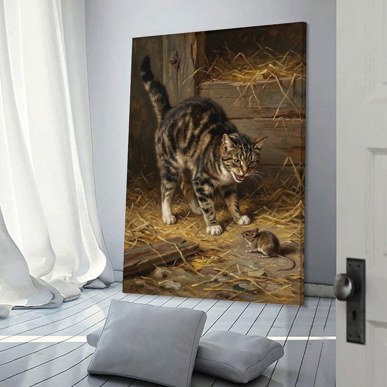 Junmoney Cat And Mouse Encounter Painting Canvas Wall Decor, 24x36inch(60x90cm), for Office, Study Or Home Workspace, Wall Art That Adds Style to Work Areas