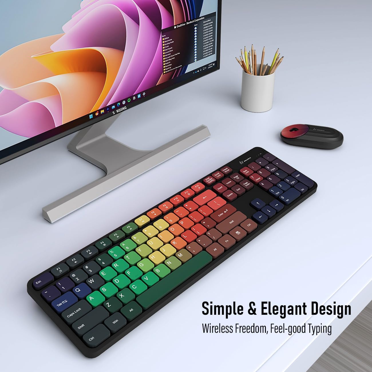 Colorful Computer Wireless Keyboard Mouse Combos, Rechargeable 2.4GHz Cordless Full-Sized Keyboard and Mouse, Compatible with PC/Laptop/Desktop for School & Home Office(Black-Colorful)