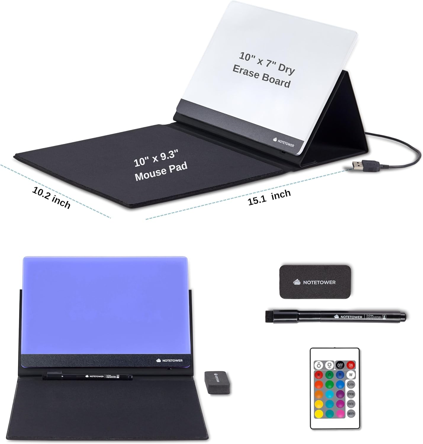 Note Tower LED Mousepad Whiteboard | Dry Erase Acrylic Board for Desk | Light Up Color White Board | Write Notes & to-Do Lists, Gaming Performance Mouse Pad, for Office, Home, School (Electric)