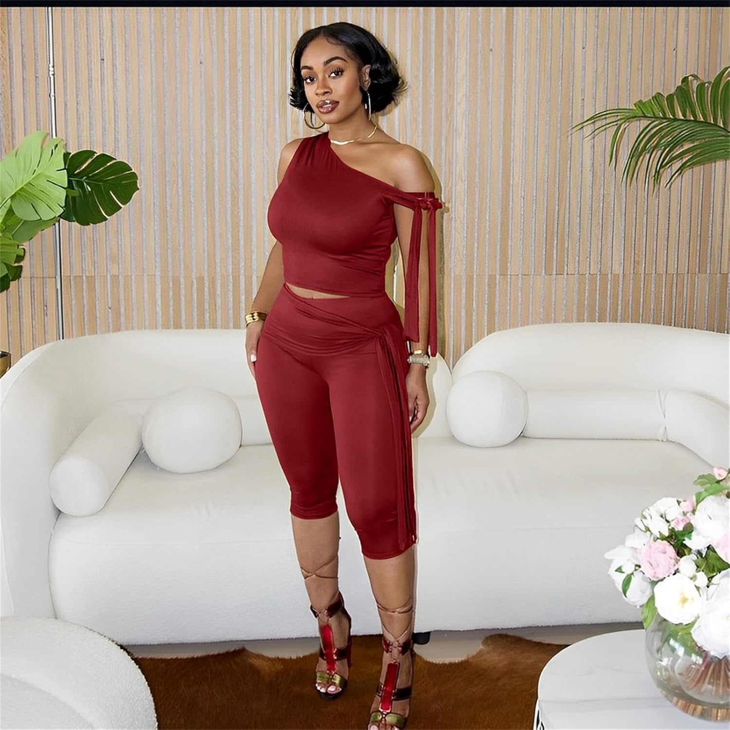 Elainone Capri Sets Women 2 Piece Outfits Sexy One Shoulder Sleeveless Crop Tops Bodycon Pant Sets - Image 6