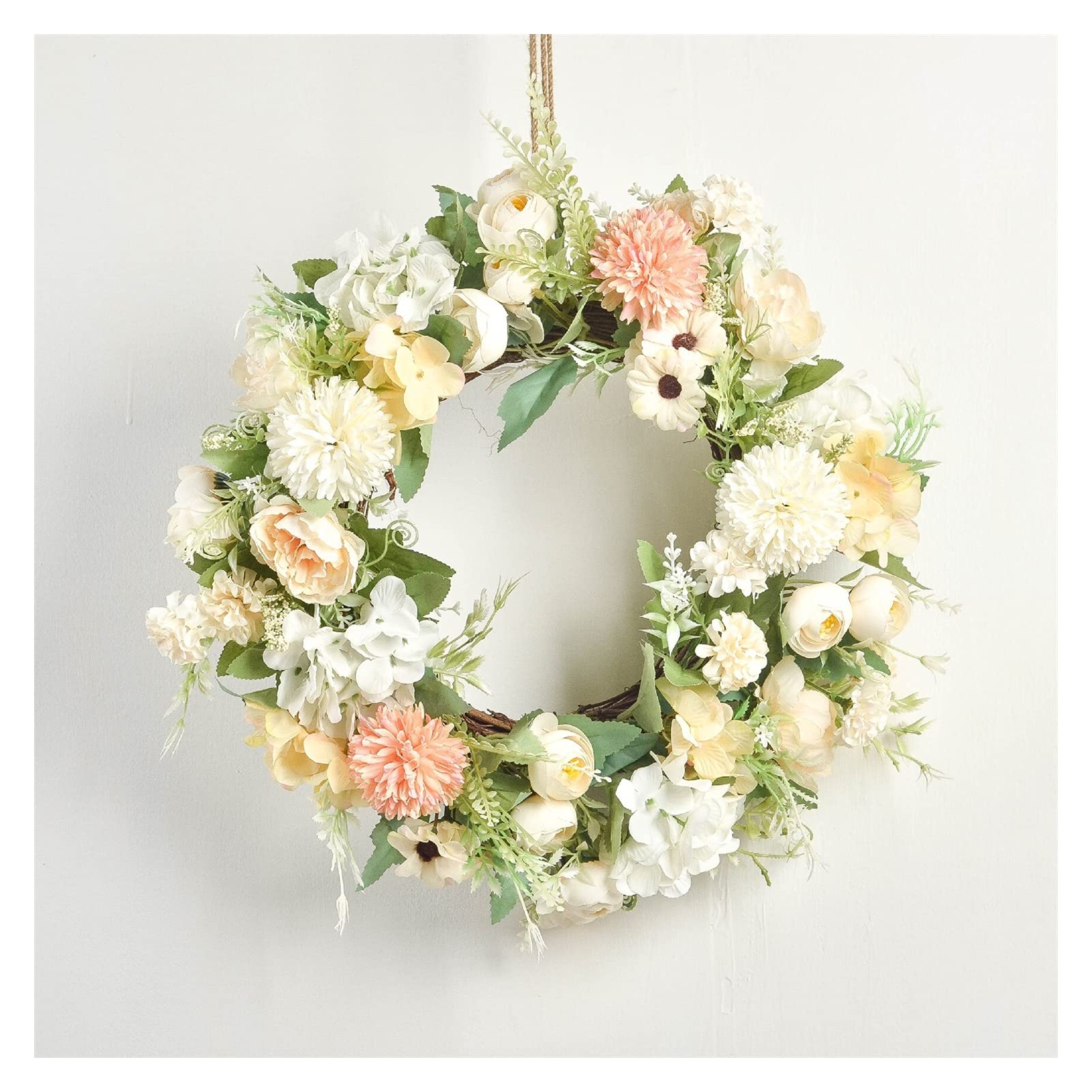 Couronne de bienvenue Fleur artificielle fausse soik rose pivoine hydrangea couronne couronne murale suspendue guirlande porte décor de la tête de coiffe diamètre 41cm Couronne d'eucalyptus artificiel