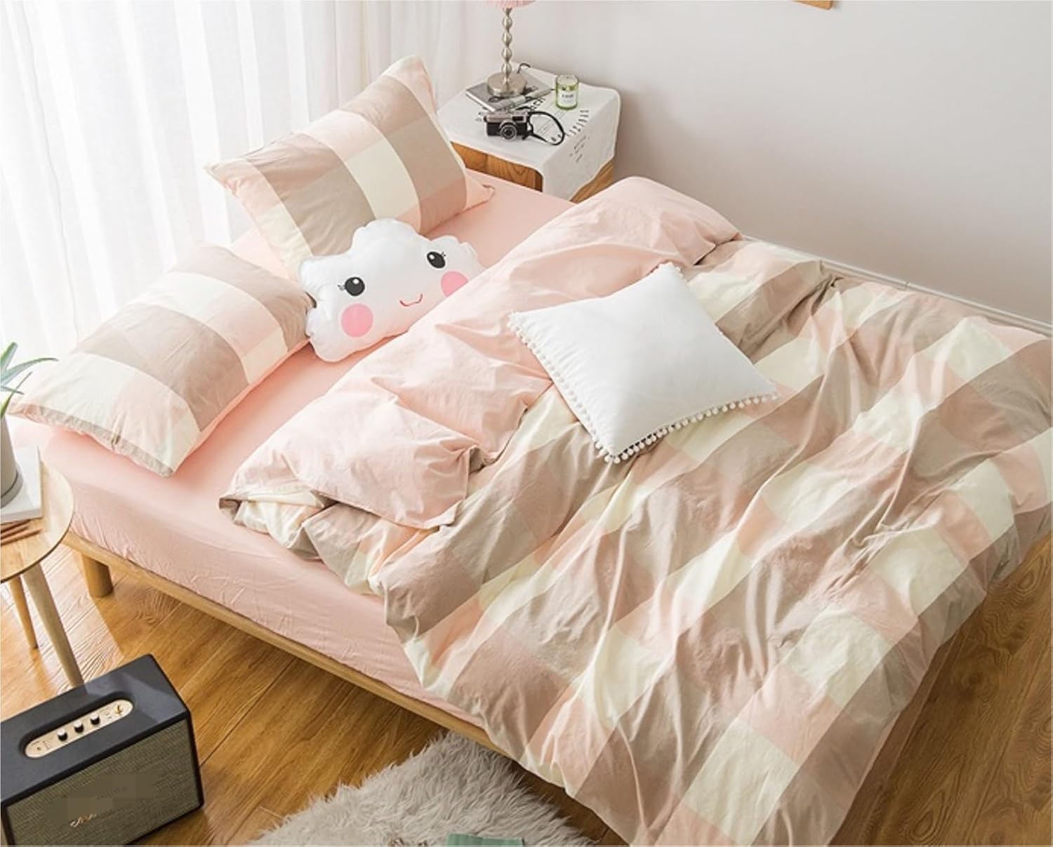 布団セット 掛け布団寝具セット コットン 4 ピース ベッドシーツ セット キルトカバー付き ソフト シンプル グリッド パターン