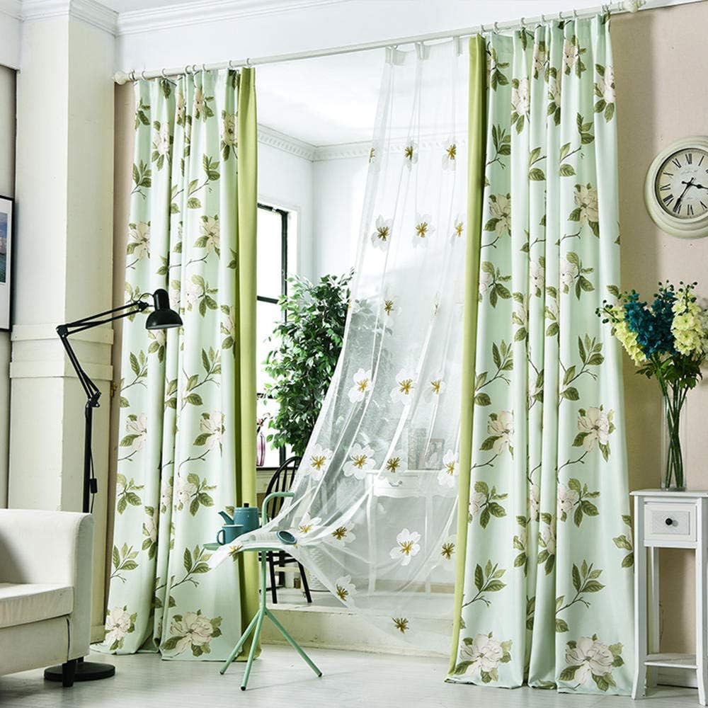 Drapes Blackout Printed Living Room Bedroom semi Tulle Floor Length 2 Pieces Curtain Hooks-2.5 × 2.7 m (W × H) × 2_Green Curtains