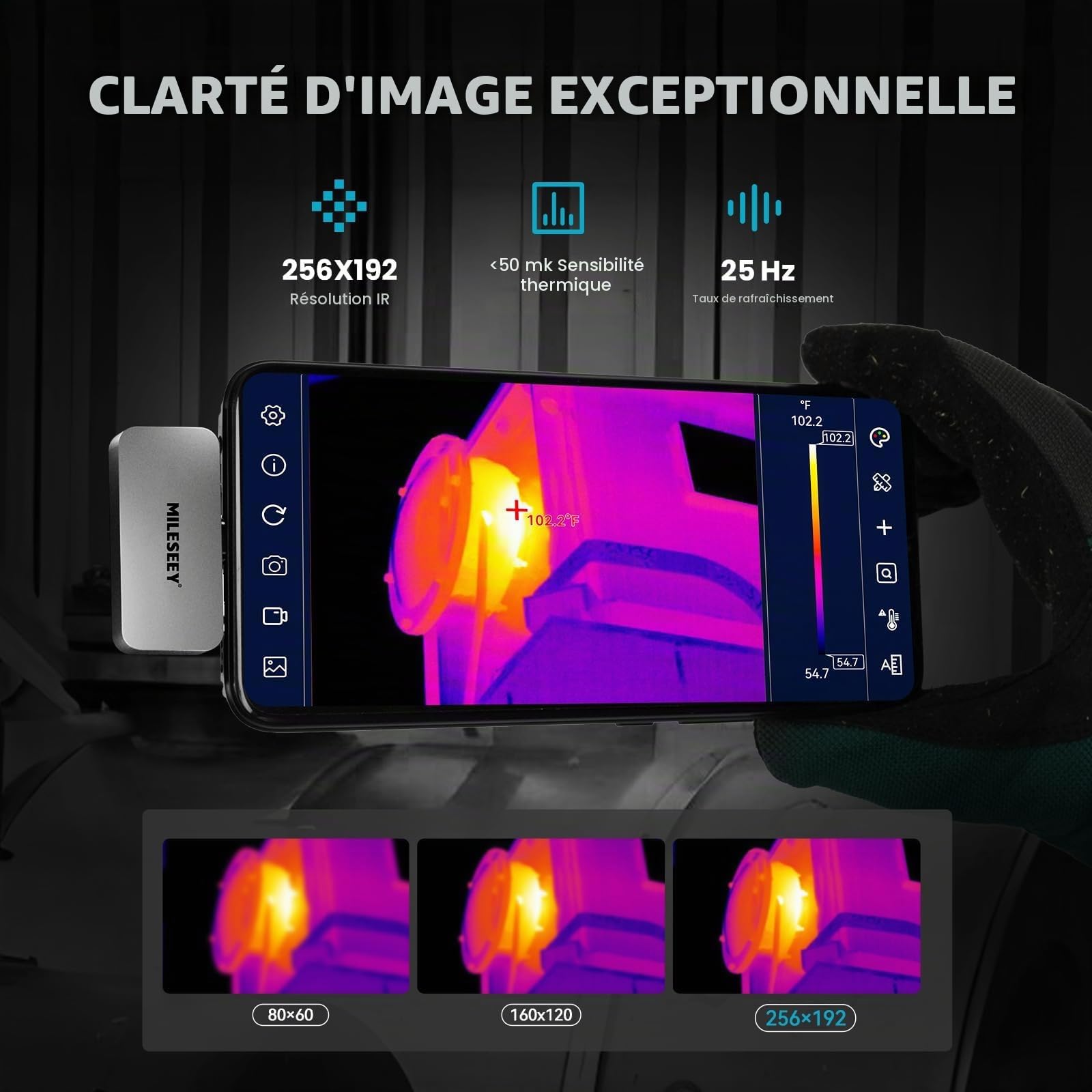 Mileseey TR256i Caméra d'imagerie Thermique 256 x 192 pour Android Type-C, boîtier entièrement métallique 20 g, Plage de Mesure -15 °C ~ 600 °C, résolution 25 Hz, 3 mesures de Chaleur et 6 palettes