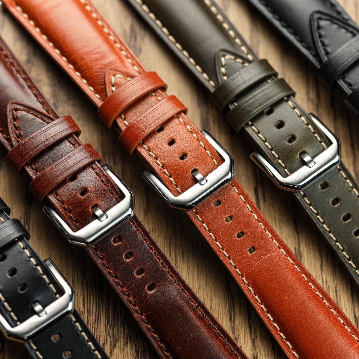 Tenby Classic Leather Watch Strap, made from waxed-oiled full grain calf hide leather, with quick-release spring bars. In black, brown, burgundy and green. Sizes include 20mm and 22mm