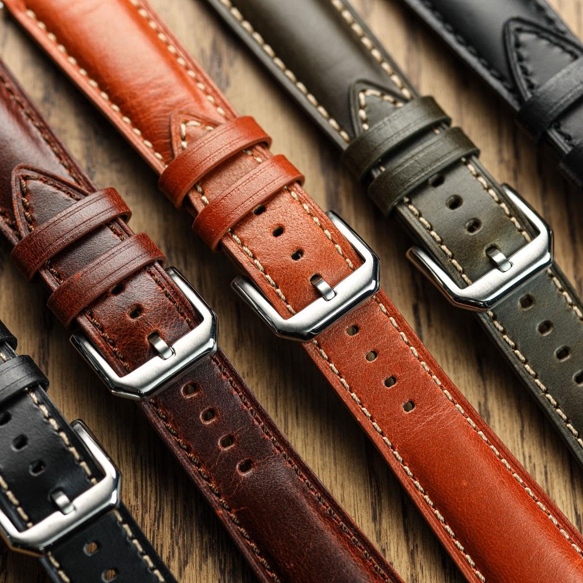 WatchGecko Tenby Classic Lederarmband aus gewachstem, geöltem Vollrindsleder mit Schnellverschlüssen. In schwarz, braun, bordeaux, grün und rot. Größen 20mm und 22mm