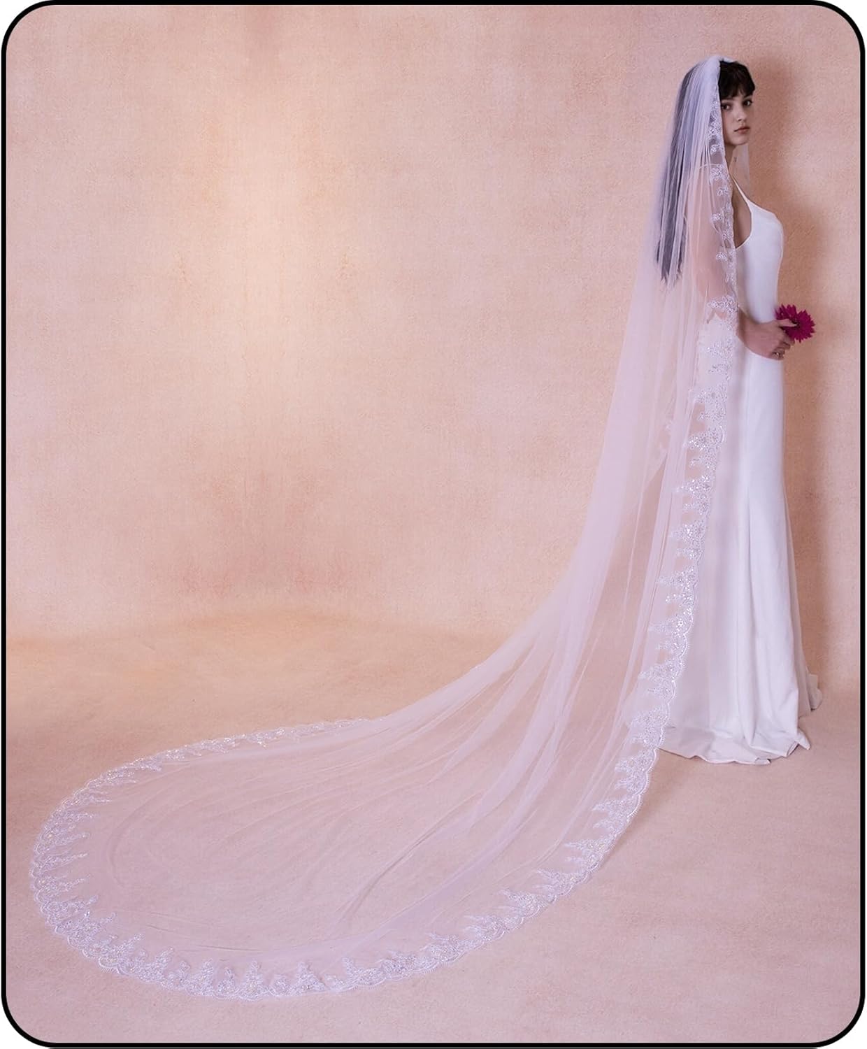 Bridal Veil Lace Flower Wedding Veil,1 Tier Cathedral Fingertip Length Veils with Metal Comb