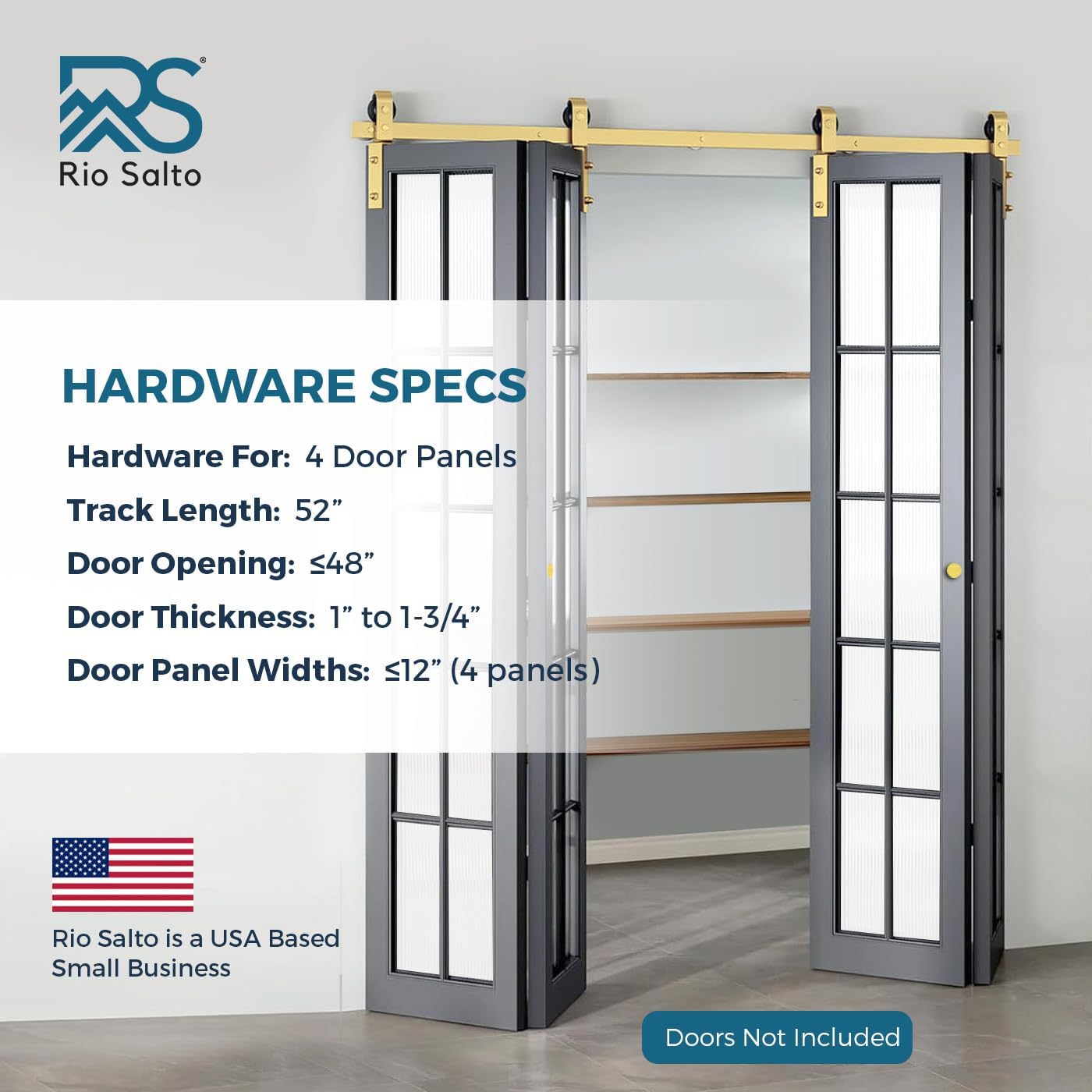 Rio Salto Gold Bifold Sliding Barn Door Hardware Kit Heavy Duty Metal Track System with Matching Knobs Gold Bi-Fold Barn Door Bifold Closet Doors, Bi-Folding 52" Track for 4 Doors, 4 Rollers No Door