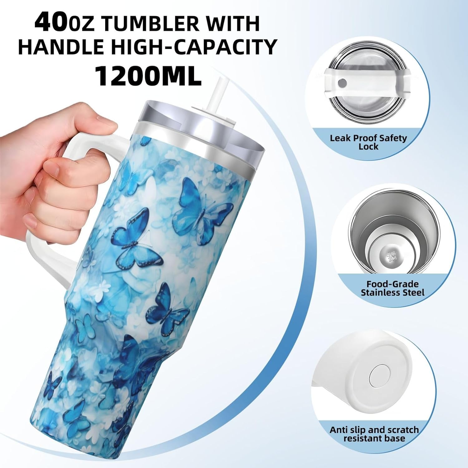 40 OZ Blue Butterfly Print Ice Bully Cup with Handle Straw Lid Straw,Stainless Steel Tumbler Coffee Cup