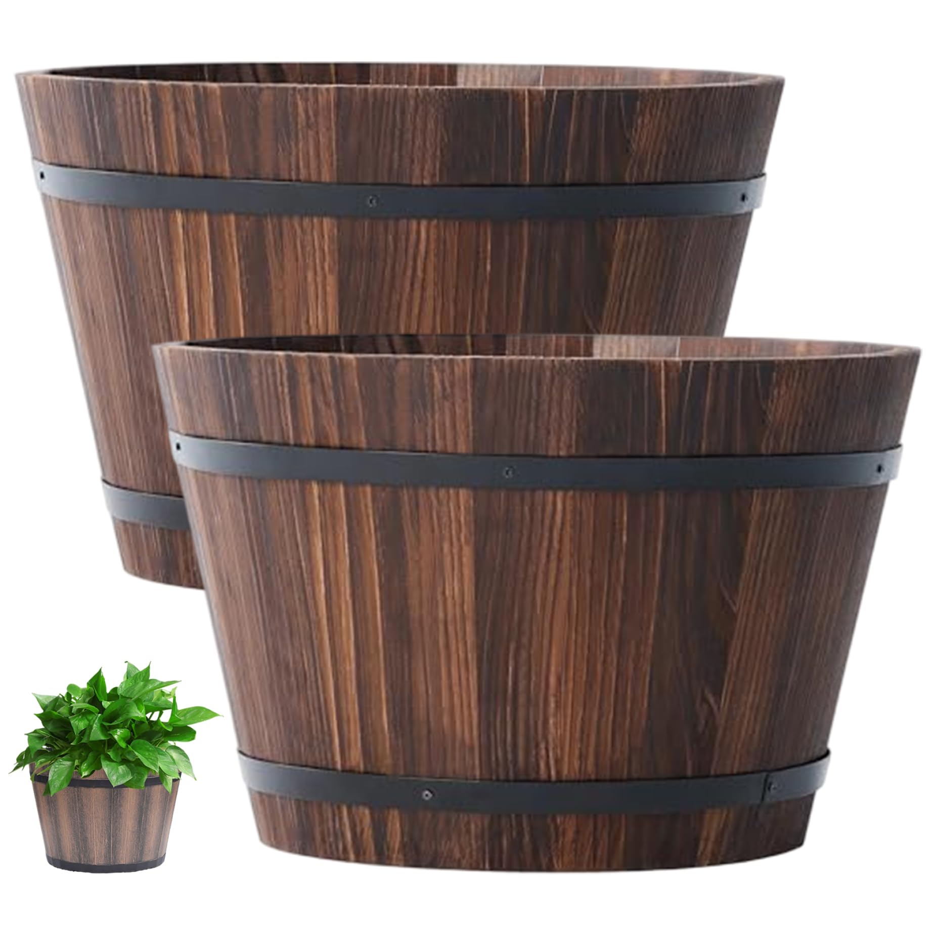 Vistnale Barrel Planter|Whiskey Barrel Planter, 10 Inch Wood with Drainage Holes Sturdy Plastic Wine for Indoor & Outdoor Plants Rustic Home and Garden Decor