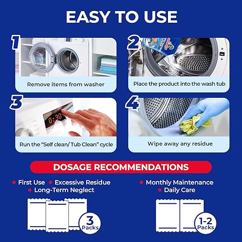 Miniatura 7 de Paquete de 4 polvos limpiadores para lavadoras, solución de limpieza profunda para lavadoras de carga superior y carga frontal, descalcificador para