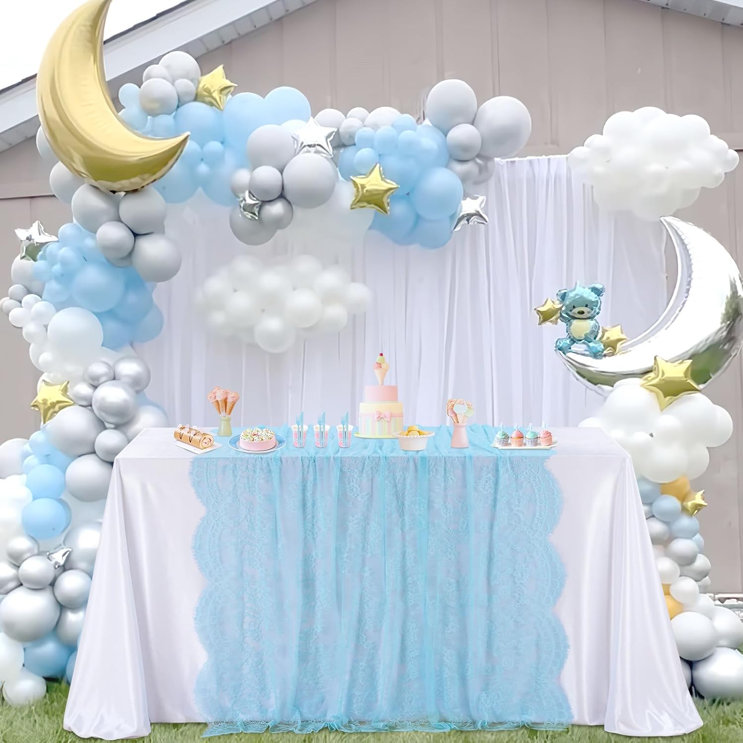 Fanqisi 5 Pieces Blue Lace Tablecloth 60x120 Inches Classic Wedding Lace Tablecloths Overlay Party Table Cover for Bridal Shower Reception Table Decoration