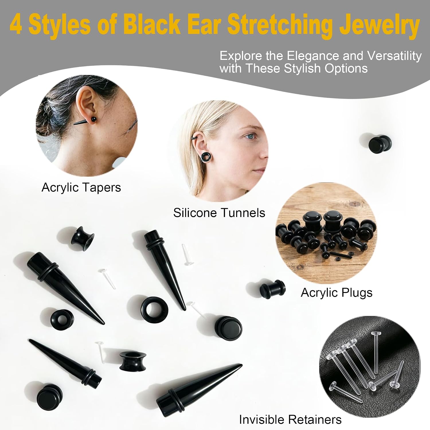 58 Pieces Ear Stretching Kit 1mm-12mm, Acrylic Tapers and Plugs + Silicone Tunnels, Ear Gauges Expander Set, Body Piercing Jewelry for Ear Stretching Beginners