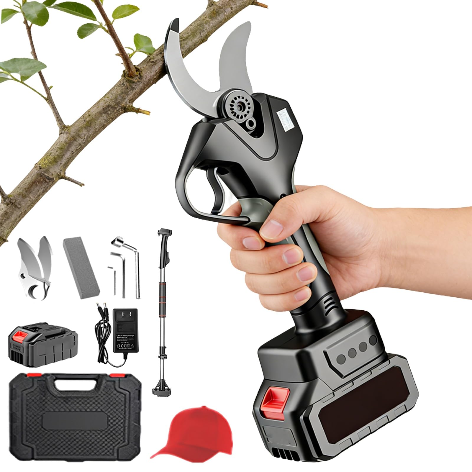 Tijeras de podar eléctricas, tijeras profesionales progresivas de 50 mm, tijeras de podar profesionales a batería, para jardinería de olivos, árboles frutales y viñedos.(Two Batteries)