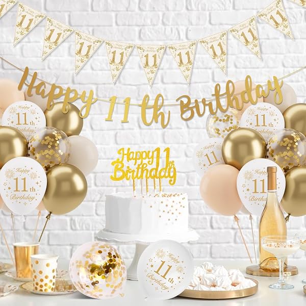 Déco Anniversaire 11 Ans Fille Garçon, Blanc Or Ballon 11 Ans, Ballon Décoration Anniversaire Banderole Joyeux Confettis Latex Ballons pour 11 Ans Fille - 5