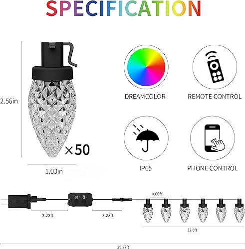 Miniatura 6 de Luces de Navidad dinámicas C9 de cerámica para exteriores, RGB, 33 pies, 50 luces LED inteligentes de Navidad, efectos de persecución de bricolaje,