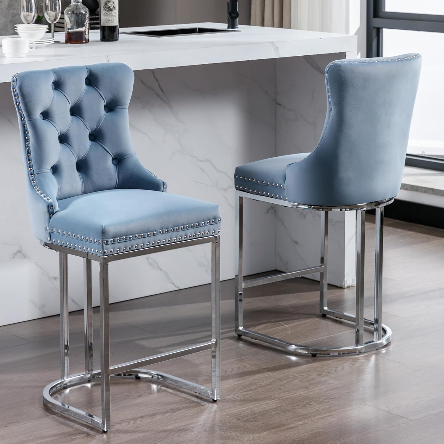 25" Counter Height Bar Stools Set of 2, Modern Velvet Barstools with Chrome Metal Legs and Tufted Back, Upholstered Island Chairs for Kitchen Island, Pub, Cafe, Light Blue