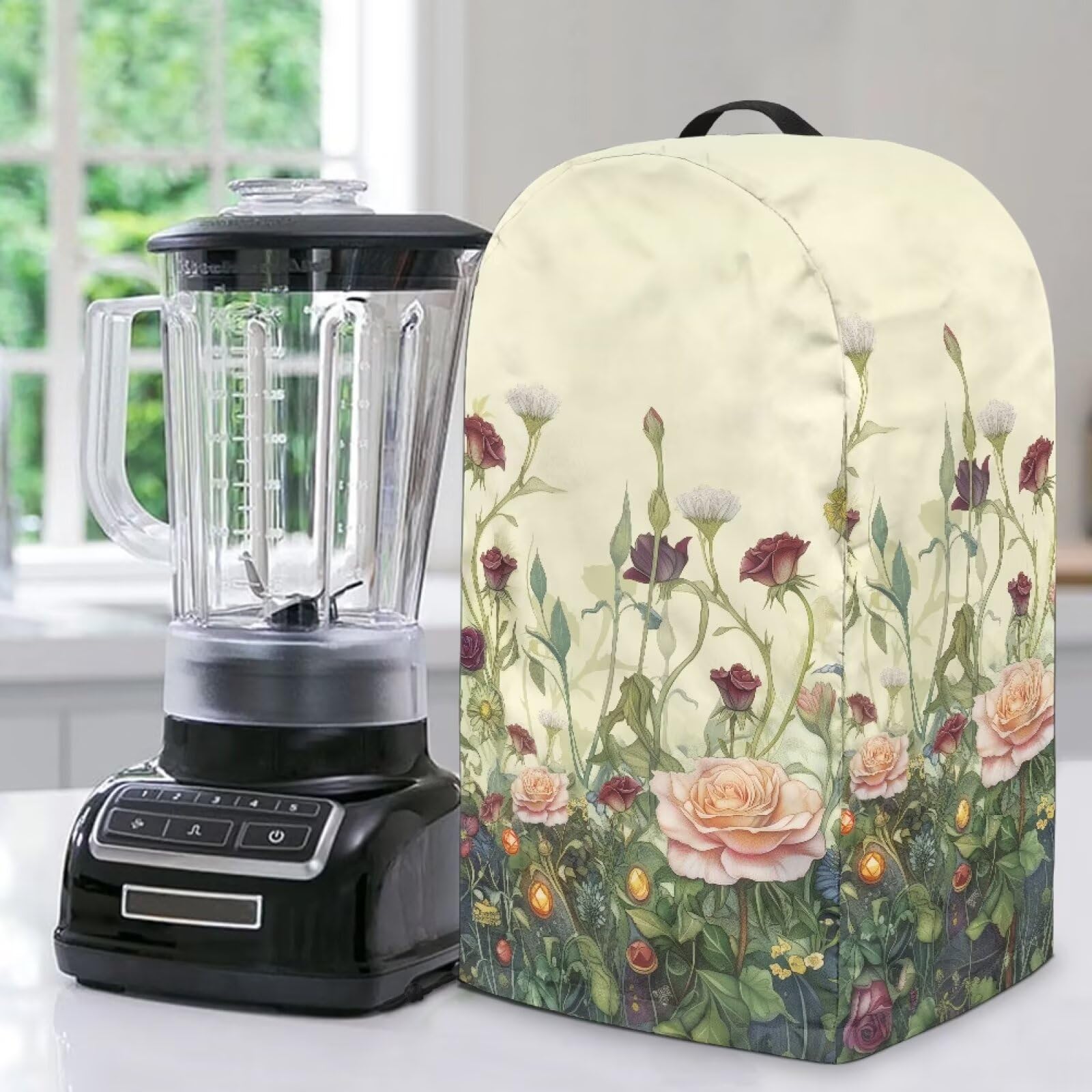 Kitchen Countertop Blender Cover with Drawstring Dust Protection Anti Fingerprint 9.4”Lx7.2”Wx15.9”H Fits Most Standard Kitchen Blender Appliance Cover Retro Rose Flower Print