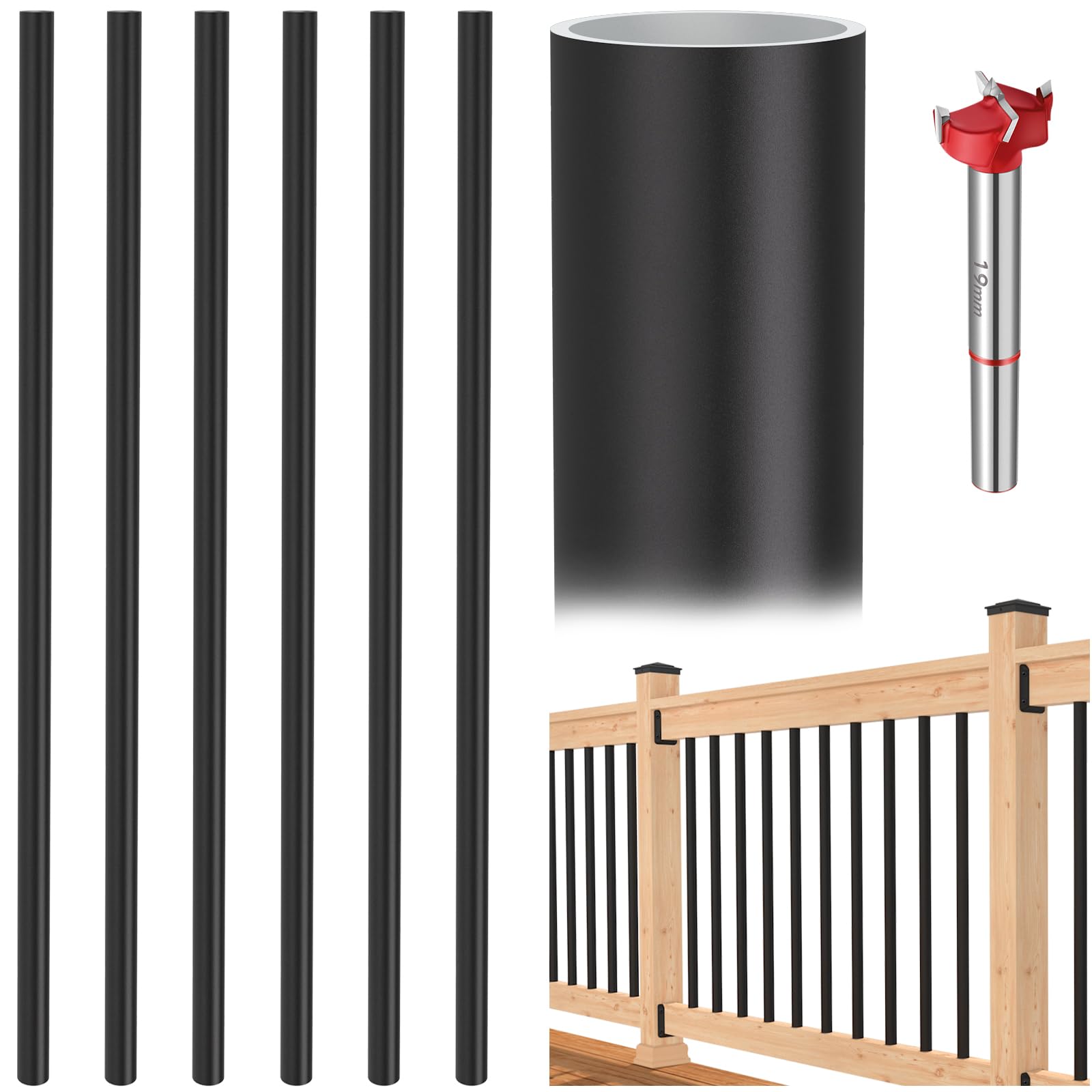 60 Pack 36 Inches Aluminum Deck Balusters, 3/4" OD Black Hollow Round Deck Spindles, Upgraded Thicker Metal Balusters with Drill Bit for Deck Railing Porch Staircase