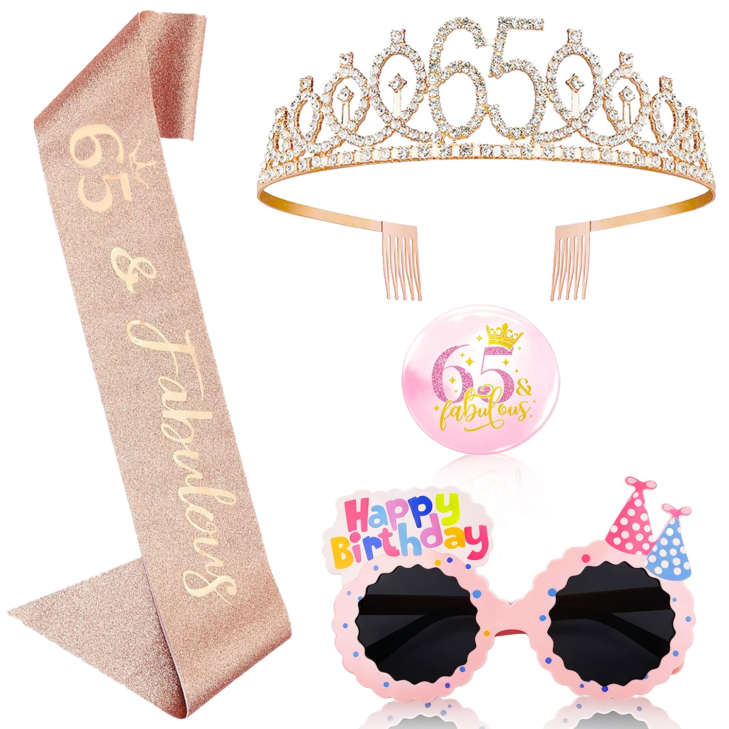 OLOSONG 65th Birthday Party Accessories Set - 4 Pcs Rose Gold Birthday Crown & Badge, Heart Shaped Pink Diamond Glasses, 65th Birthday Decorations Gifts for Women