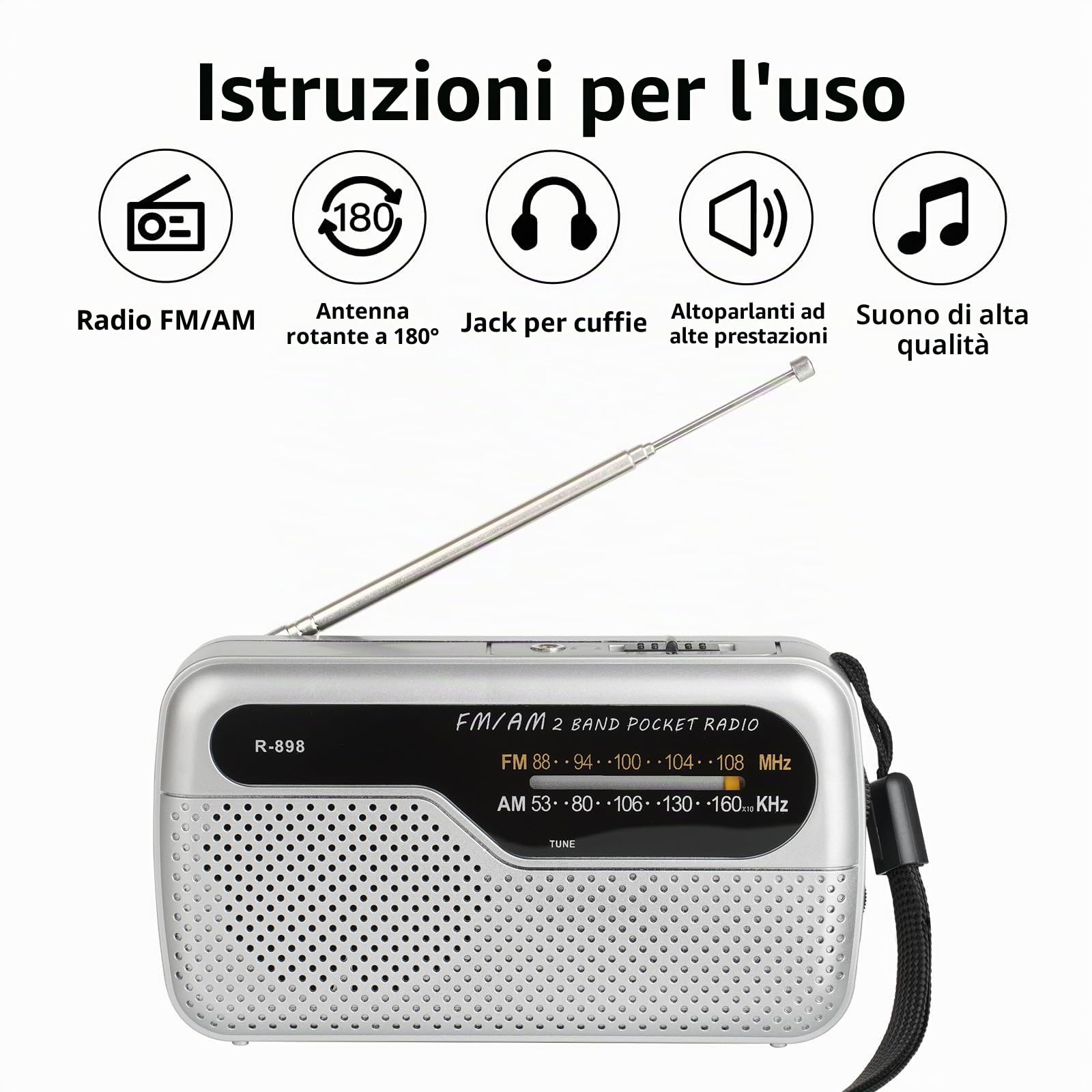 Radio portatile FM transistor con altoparlante potente, funziona con 2 batterie AA, argento