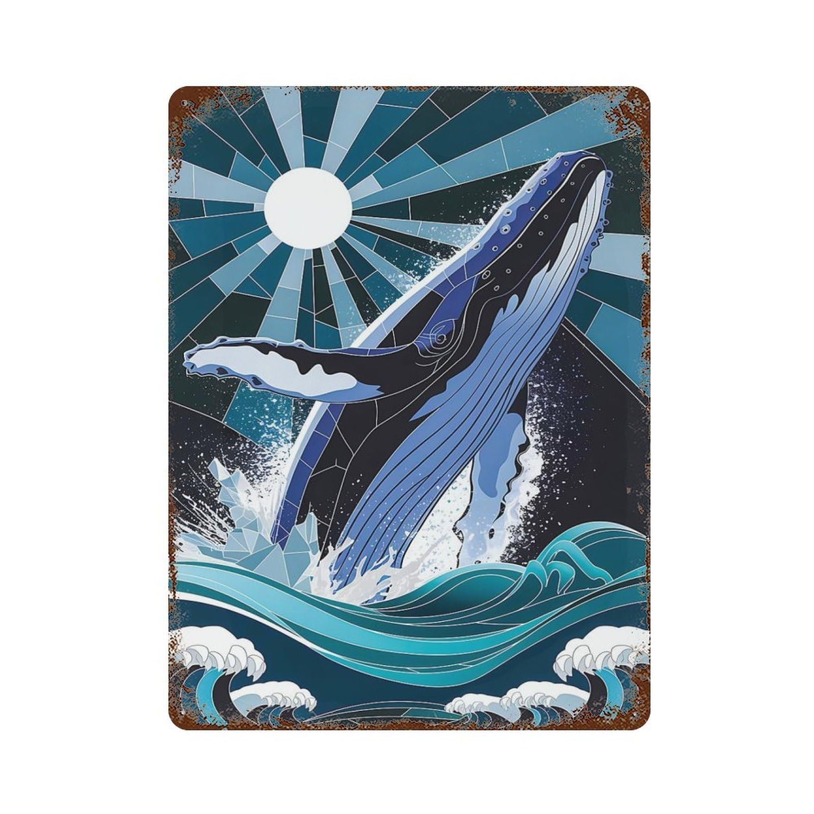 Rust Effect Whale Leaping from Waves Stained Glass Rusty Metal Tin Sign 15.7"x11.8", Old School Wall Decor for Pub, Kitchen And Man Cave Decor