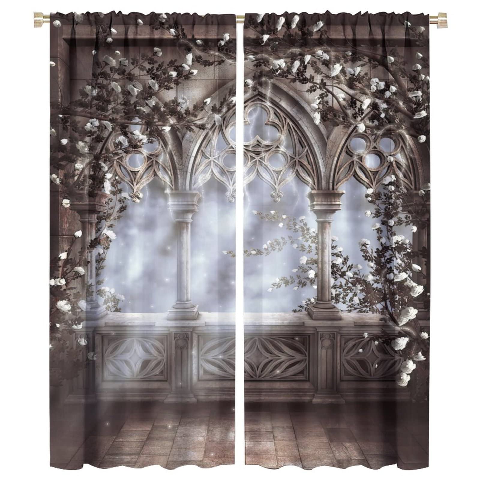 Vintage Castle Window Curtains,Gothic Style Romantic Mid-Century Decor Room Darkening Thermal Insulated Window Curtain for Living Room Bedroom W42xL54in