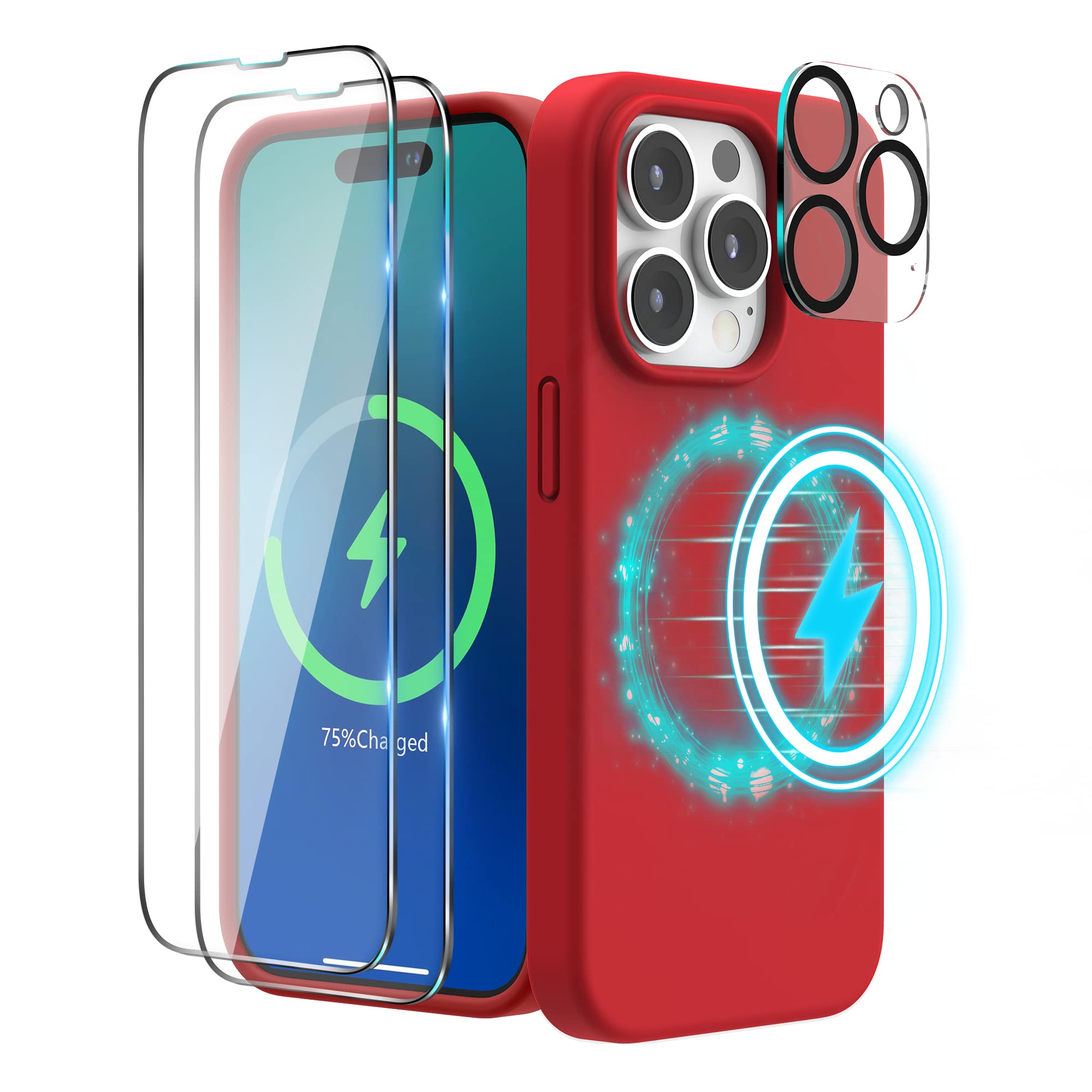 SURPHY (4 in 1 Designed for iPhone 14 Pro Max Case Compatible with MagSafe (6.7 inch, 2022), with 2 Pack Screen Protector + Camera Cover, Liquid Silicone Phone Case (Red)