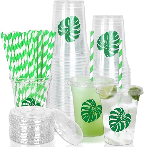 Vista 51 de Whaline 50 piezas de vasos de plástico desechables con cara feliz y pajitas con tapa de un tipo feliz 12 onzas, vasos de fiesta con cara feliz