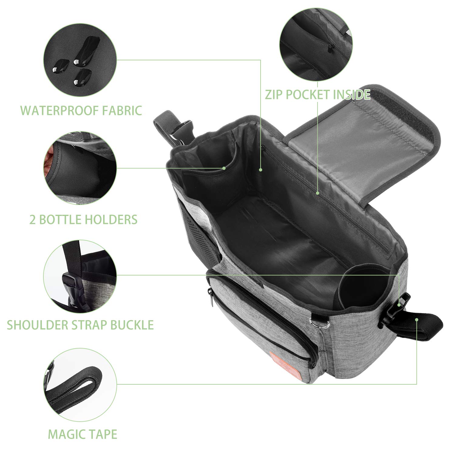 Homlynn Baby Stroller Organizer With Cup Holders, Universal Stroller Accessories Caddy Storage Bag With Detachable Bag & Shoulder Straps For Carrying Diaper, Phone, Keys, Toys & Snacks(Grey
