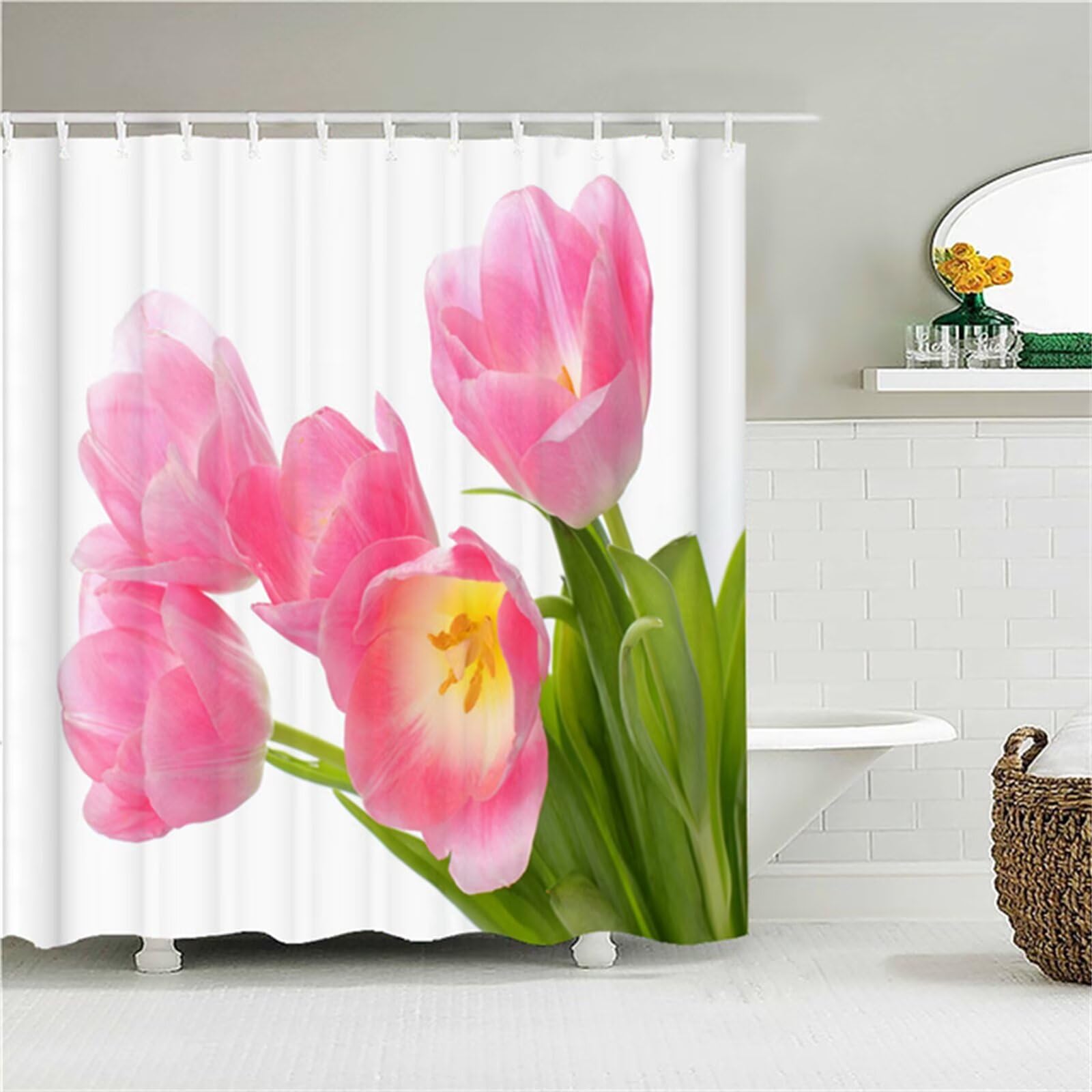 Tulipe rose Rideau Douche W300cm x L200cm Rideaux de Douche Anti Moisissure Tissu Imperméable avec Crochets,Rideaux Lourd Polyester Lavable,3D Shower Curtain Hôtel Baignoire Salle de Bains Decor M-222
