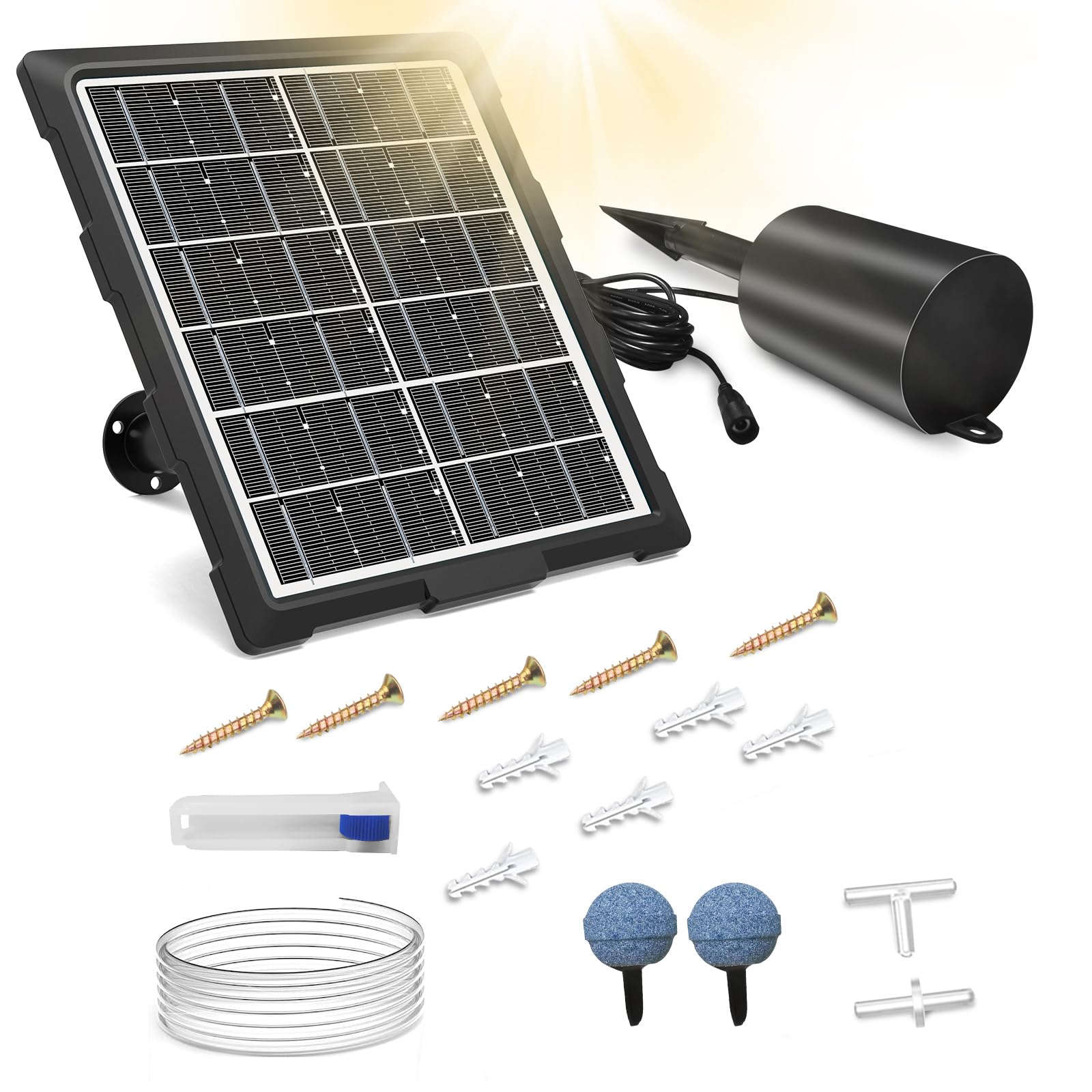 Aeratore solare per laghetto con pompa ad aria a tempo regolare, aeratore solare per stagni all'aperto, pompa ad aria ad energia solare da 3 W e 2200 mAh, con regolatore di bolle per piccoli