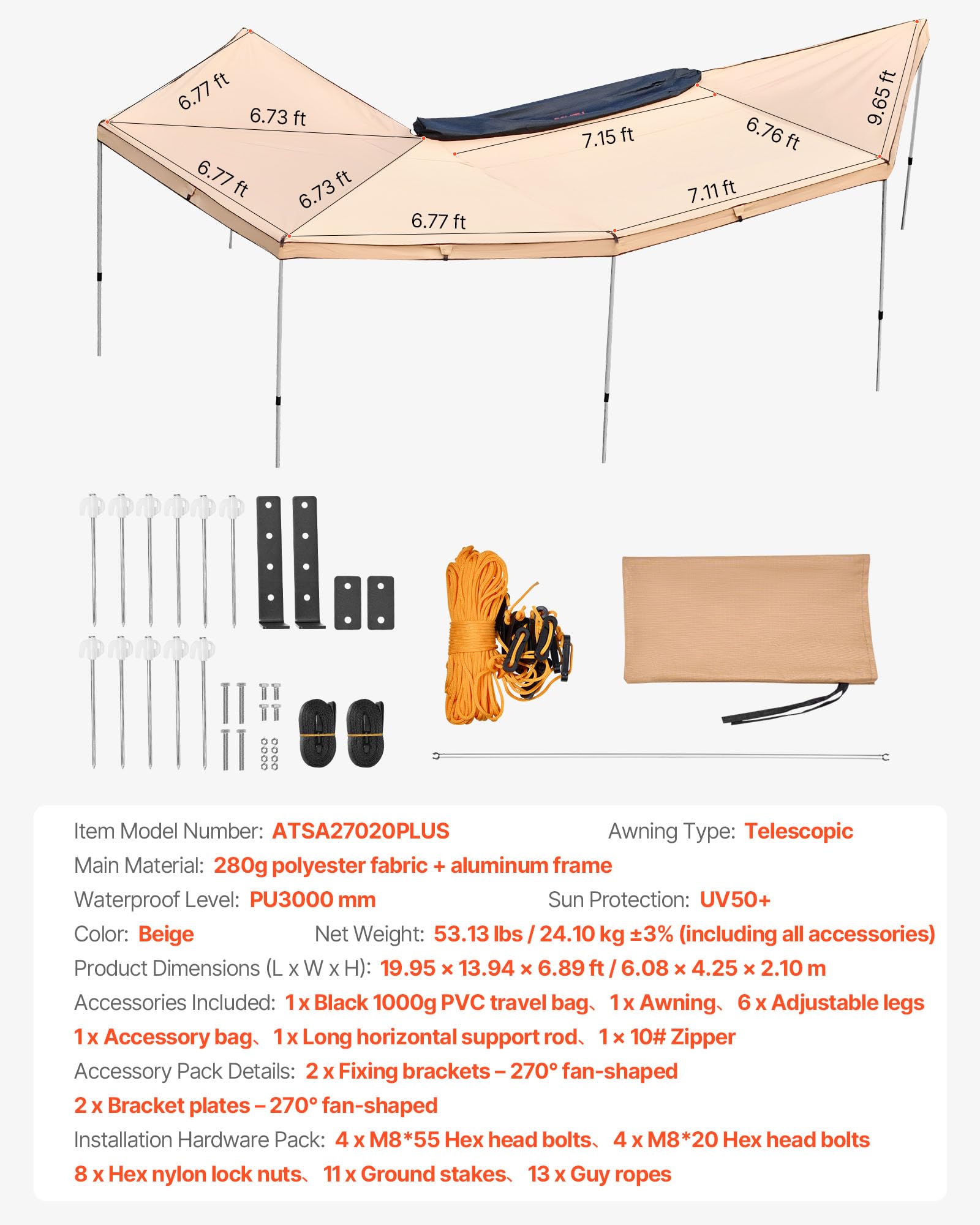 VEVOR Auvent 270 Degrés 6,08x2,10 m Auvent Voiture Latéral Côté Passager Rétractable Abri Autoportant Toutes Saisons Étanche UV50+ pour Véhicule SUV Fourgonnettes Camionnettes, avec Sac de Rangement