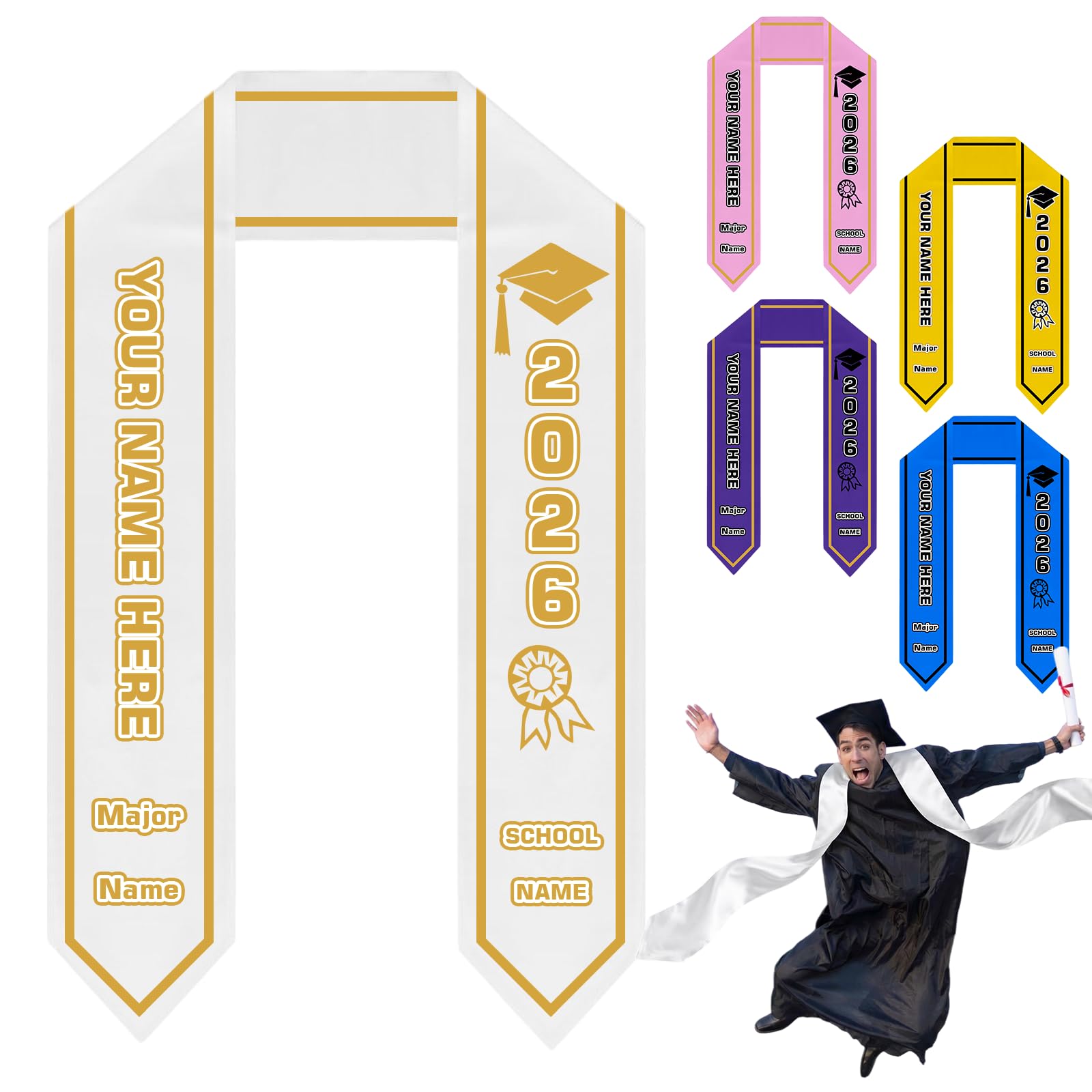 Takuno Custom Graduation Stole Class of 2026 Personalised Sash with Photo Name Text Custom Graduation Sash for Graduates Ceremony Personalized Graduation Stole Gifts for College High School Students