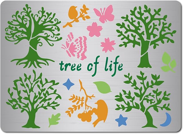 GORGECRAFT 14x19cm Inch Tree of Life Metal Stencil Butterfly Painting Reusable Templates Birds Pattern Stencils Decoration Template Stainless Steel Journal Tool for Wood Burning Pyrography Engraving