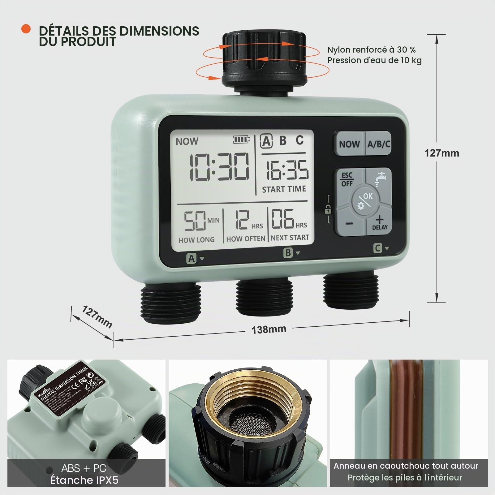 Kazeila Programmateur Arrosage 3 Voies,Programmateur d'Arrosage Extérieur avec Affichage LCD, Water Timer Mode Automatique et Manuel, retardateur de Pluie,Temps d'arrosage
