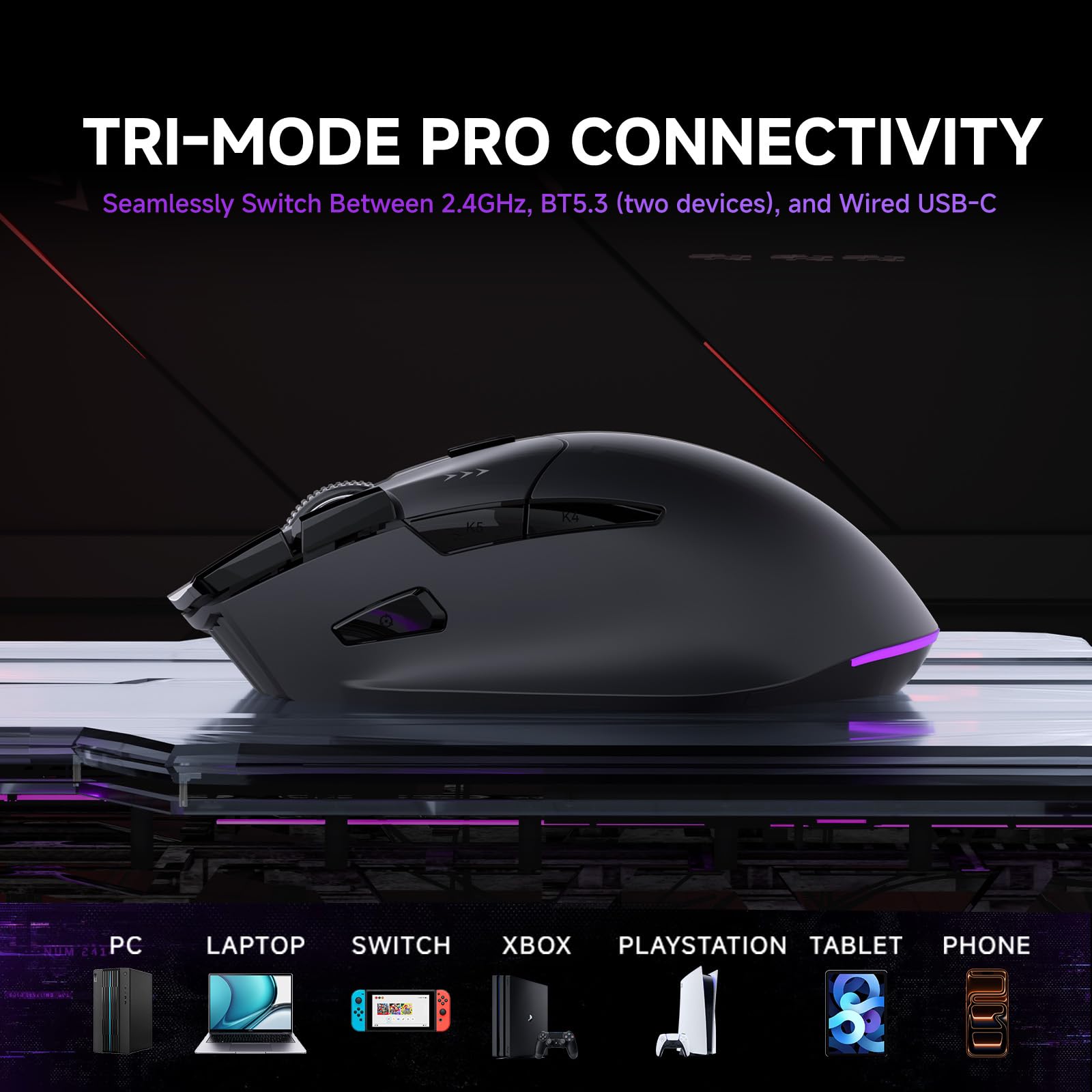 TMKB M2 Gaming Maus Kabellos, PAW3311 24000 DPI Wireless Gaming Mouse, 600mAh Lange Akkulaufzeit, Tri-Mode BT/2.4G/USB-C, 80M Klicks, 9 Programmierbare Tasten, RGB Leichte PC Maus für Gamer Laptop Mac