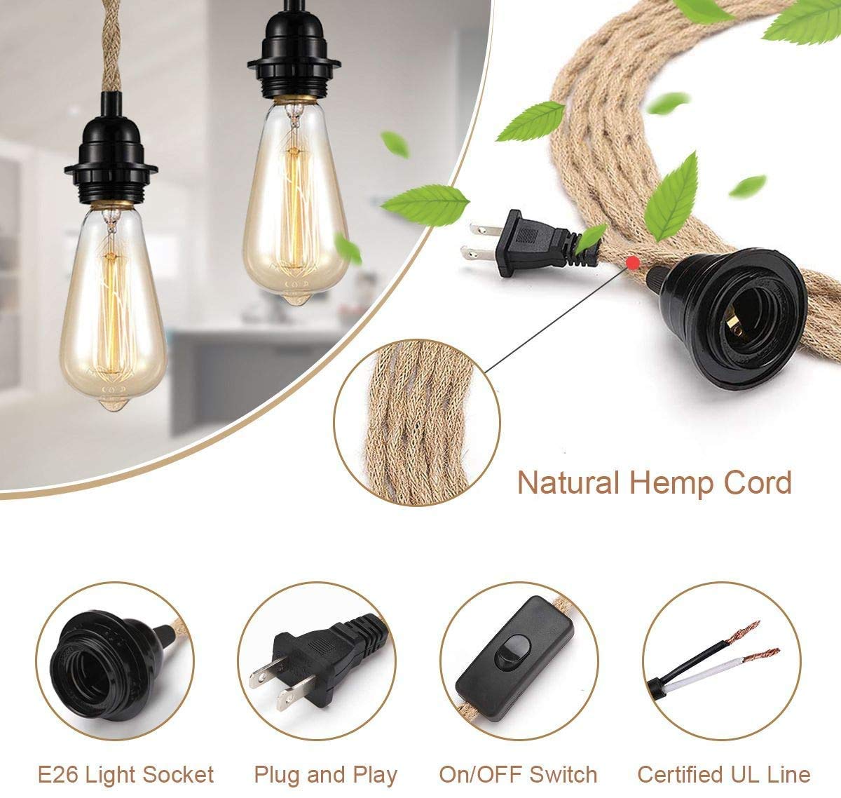 Industrial 15ft Pendant Light Cord Hanging Light Kit with Switch Plug