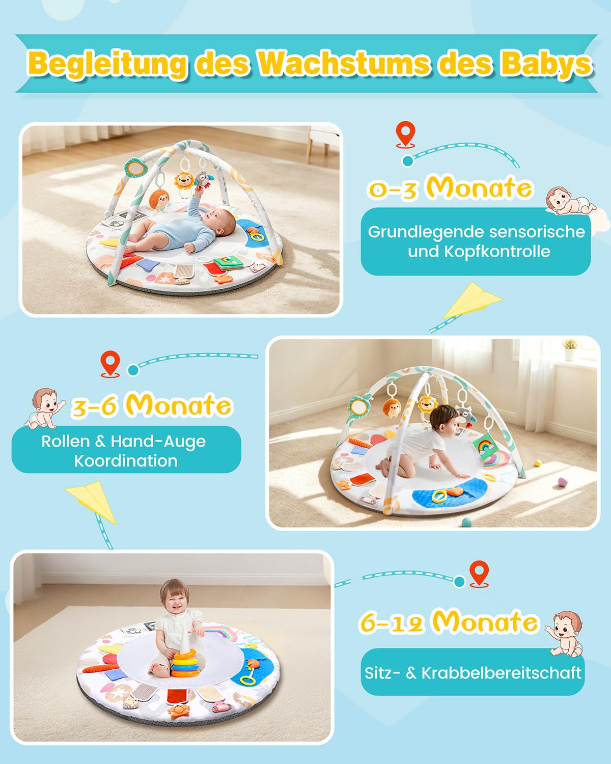 Tapis d'Éveil Bébé avec Arche Amovible, Jeux Sensoriels Montessori pour Matelas d'Activité, Tapis d'Éveil avec 5 Jouets à Suspendre, 0-12 Mois Cadeau de Naissance Garçon Fille
