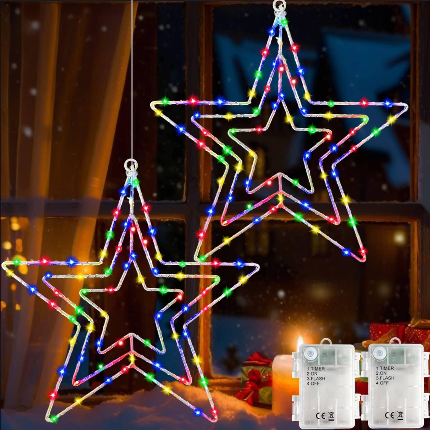Redefun Christmas Star Light 2 Pack Window Lights Battery Operated with Timer, 75 LED Star Lights Waterproof Hanging Christmas Decorations for Indoor Outdoor Windows Xmas(Multicolor)