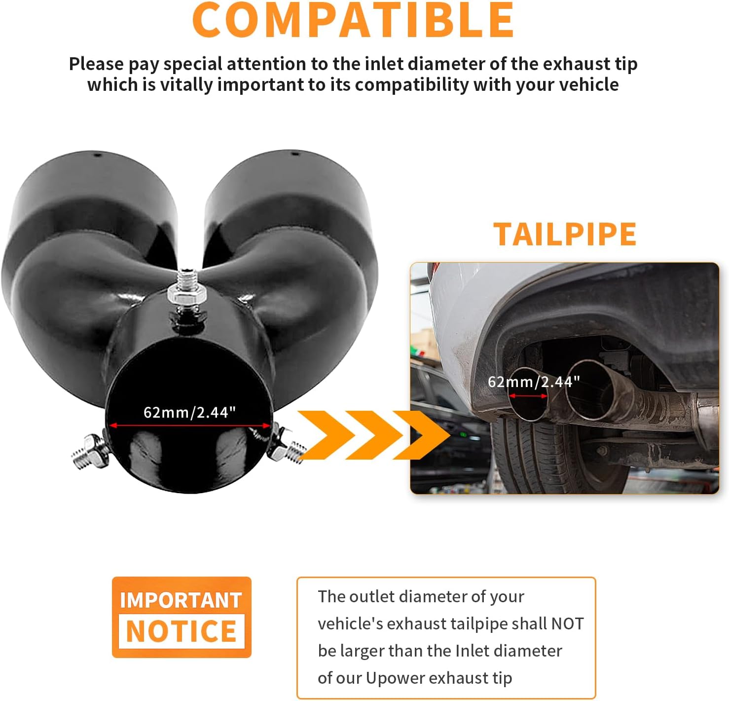 2PCS Dual Exhaust Tip 2.4 inch Inlet, Universal Car Exhaust Tips Curved Muffler Tip Modification Tail Pipe Tail Throat, Adjustable for 1.5 inch-2.5 inch OD Exhaust Pipe(Black)